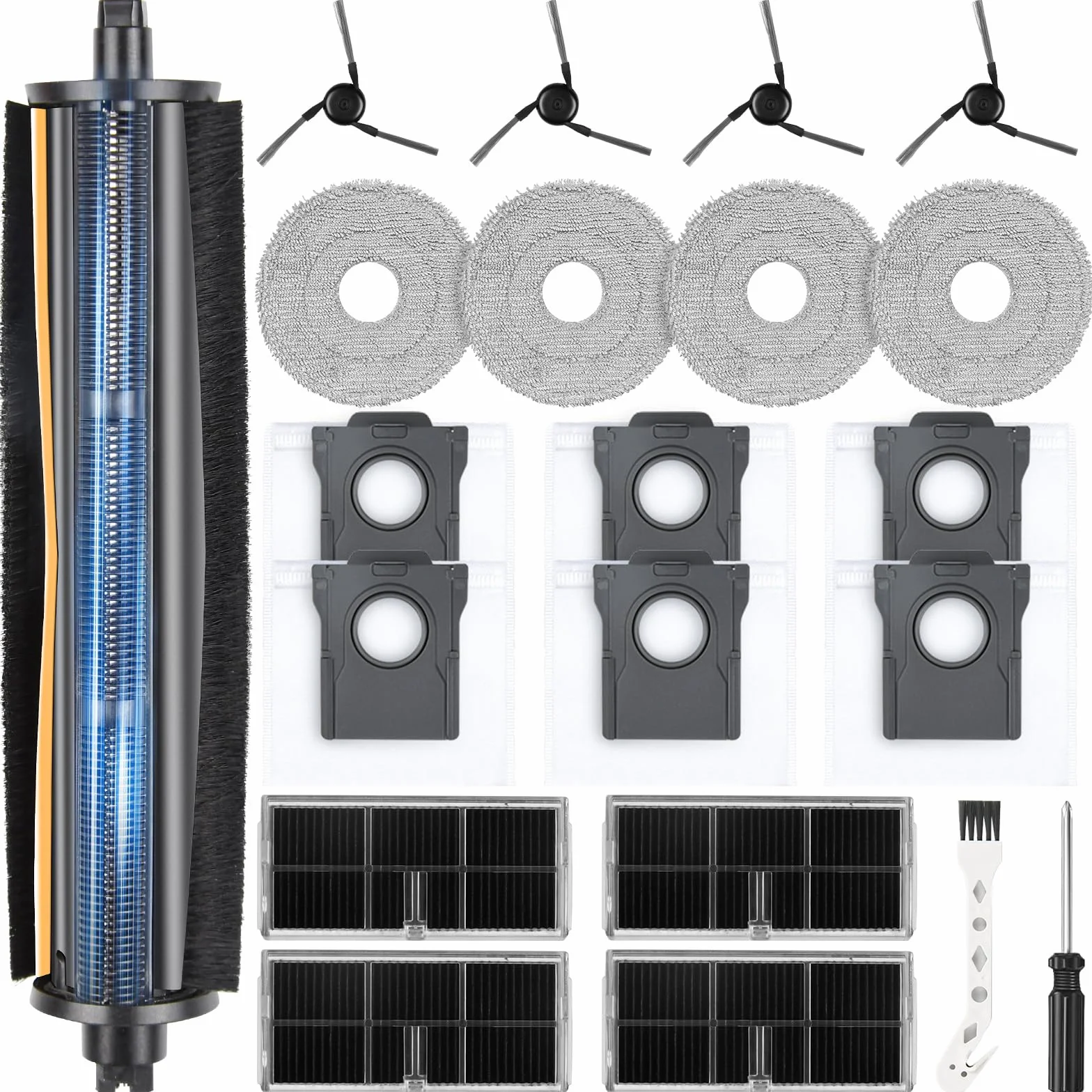 Brosse tricut Accessoires pour Dreame L10s Ultra Gen 3 / X40 Ultra Complete / L40 Ultra / X40 Master/Mova P50 Pro Ultra, 6 sacs à poussière, 4 brosses latérales, 4 lingettes, 4 filtres, 1 Brosse