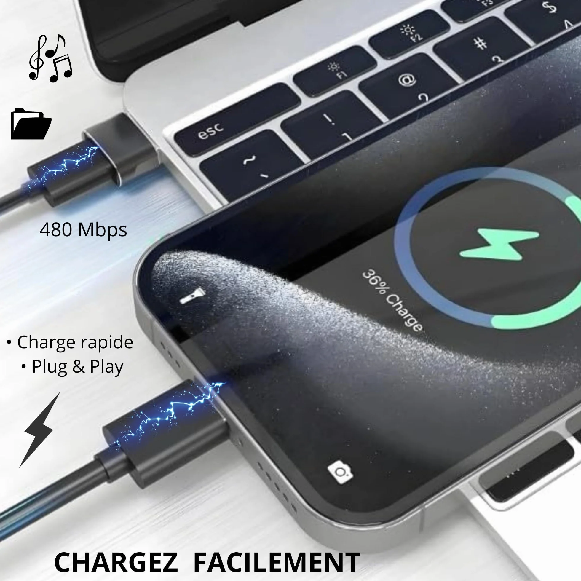 Adaptateur USB C vers USB Lot de 3 Type C Femelle vers USB A Mâle 480Mbps Aluminium Compatible iPhone 15/16 Samsung Galaxy Xiaomi PC MacBook Noir