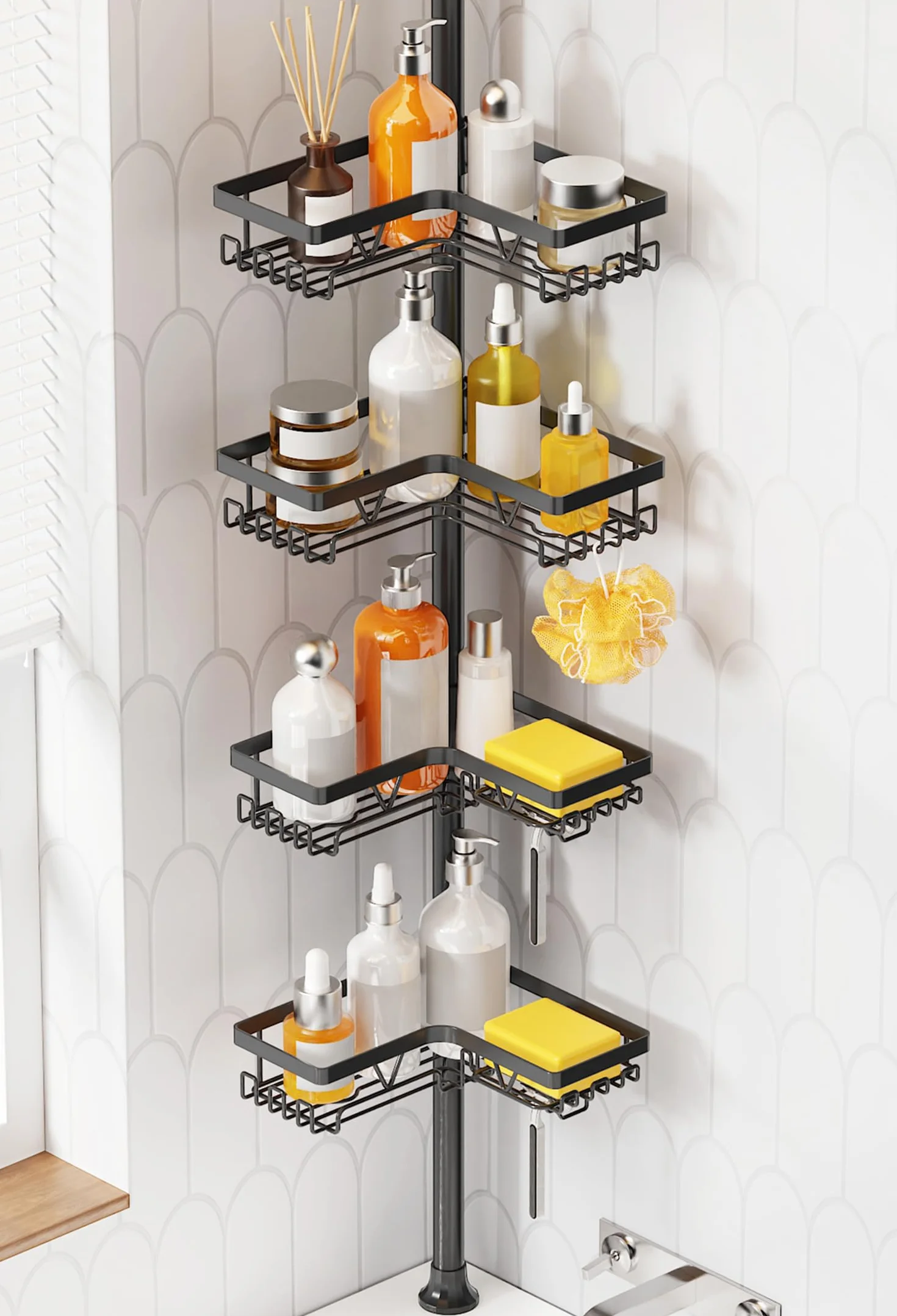 KEGII Etagère Télescopique Douche Sans Percage - Tablette d'Angle Réglable 4 Paniers Noir