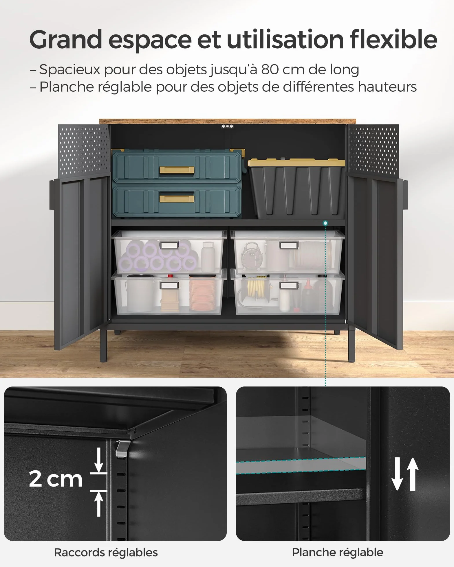 SONGMICS Meuble de Rangement, Buffet, en Métal, Double Porte, Fermeture Magnétique, Cadre en Acier, 40 x 80 x 76 cm, Marron Rustique et Noir LSC102B01