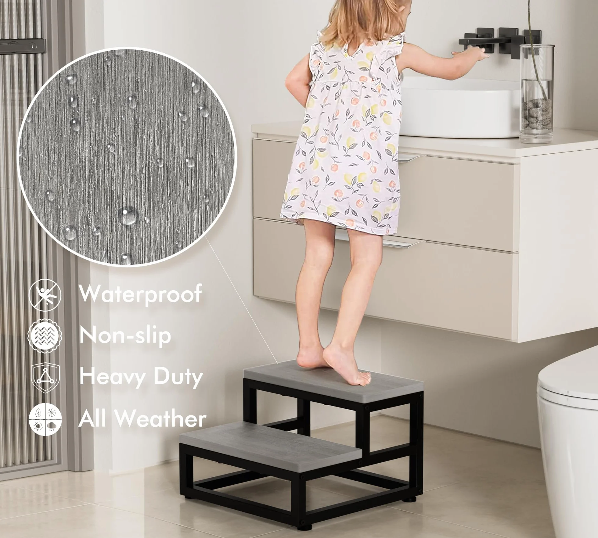 Marchepied à 2 marches robuste pour adultes et enfants, imperméable, en polyéthylène haute densité avec pieds antidérapants réglables et bords arrondis, utilisation par tous les temps, pour cuisine