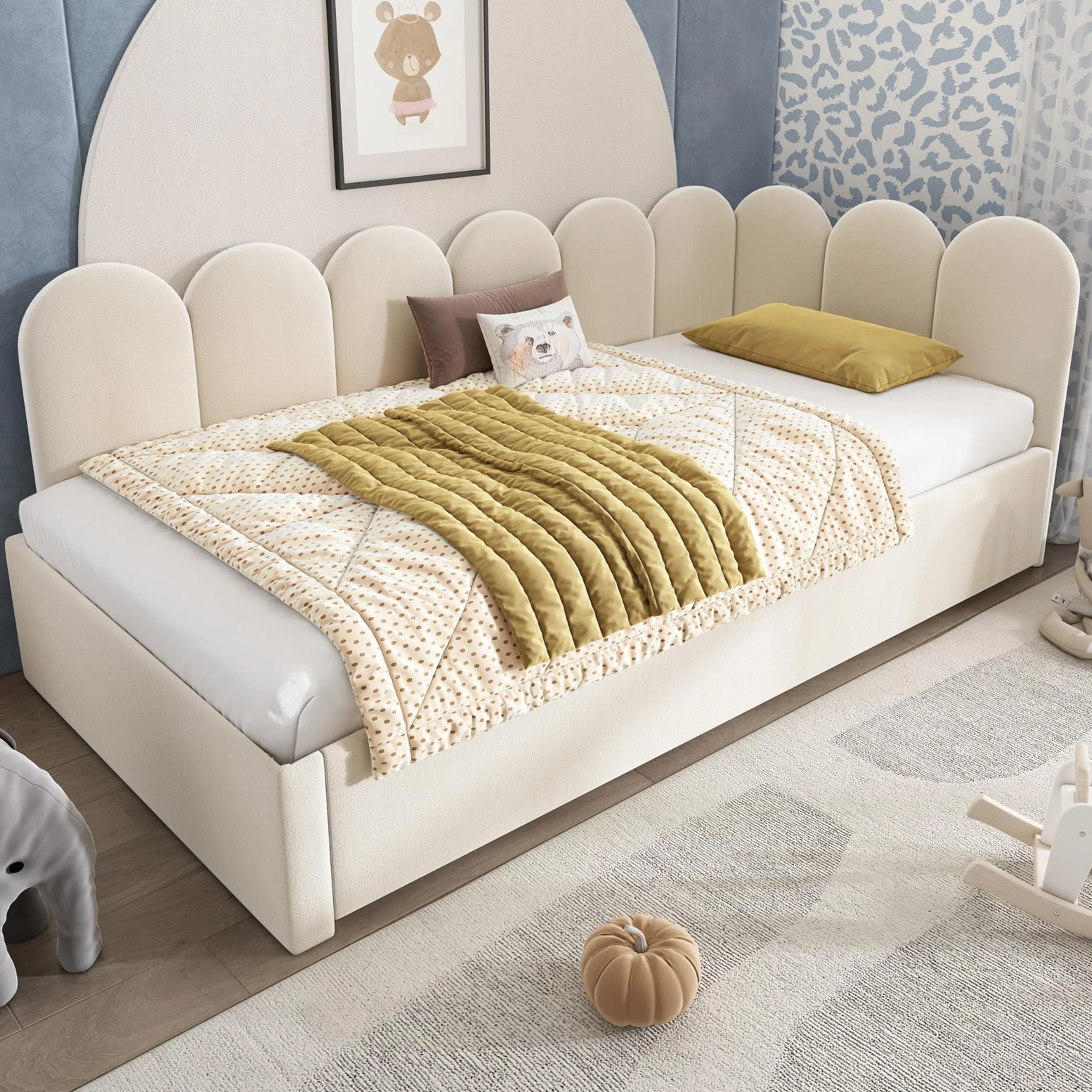 Zepneiy Lit 90x200 avec lit gigogne 90x190, Canapé lit avec parois latérales interchangeables, avec sommier à Lattes,Velours Beige (sans Matelas)