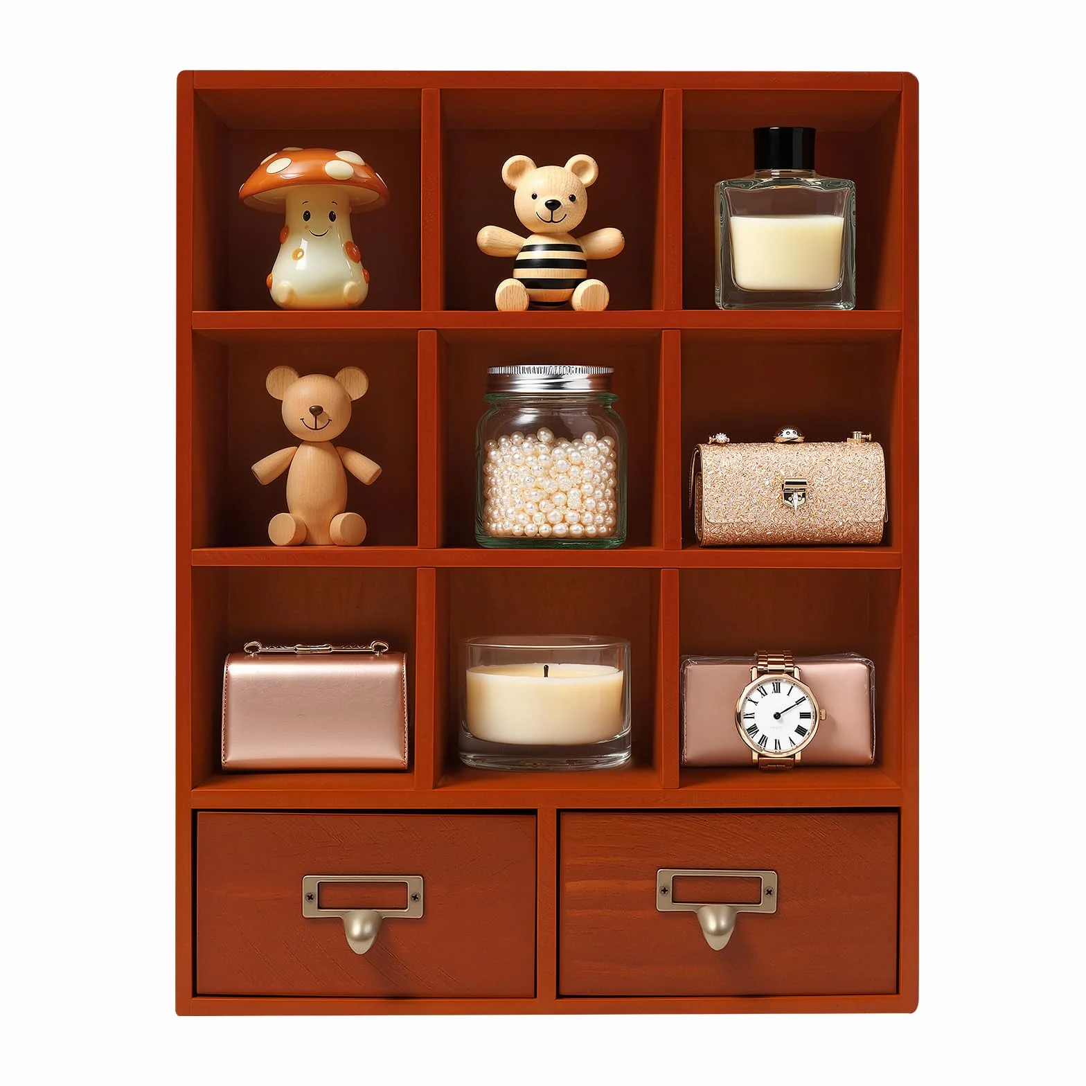 Vitrine en bois avec 9 compartiments et 2 tiroirs, vitrine suspendue pour collectionneur, vitrine vintage pour salon, bureau, chambre à coucher