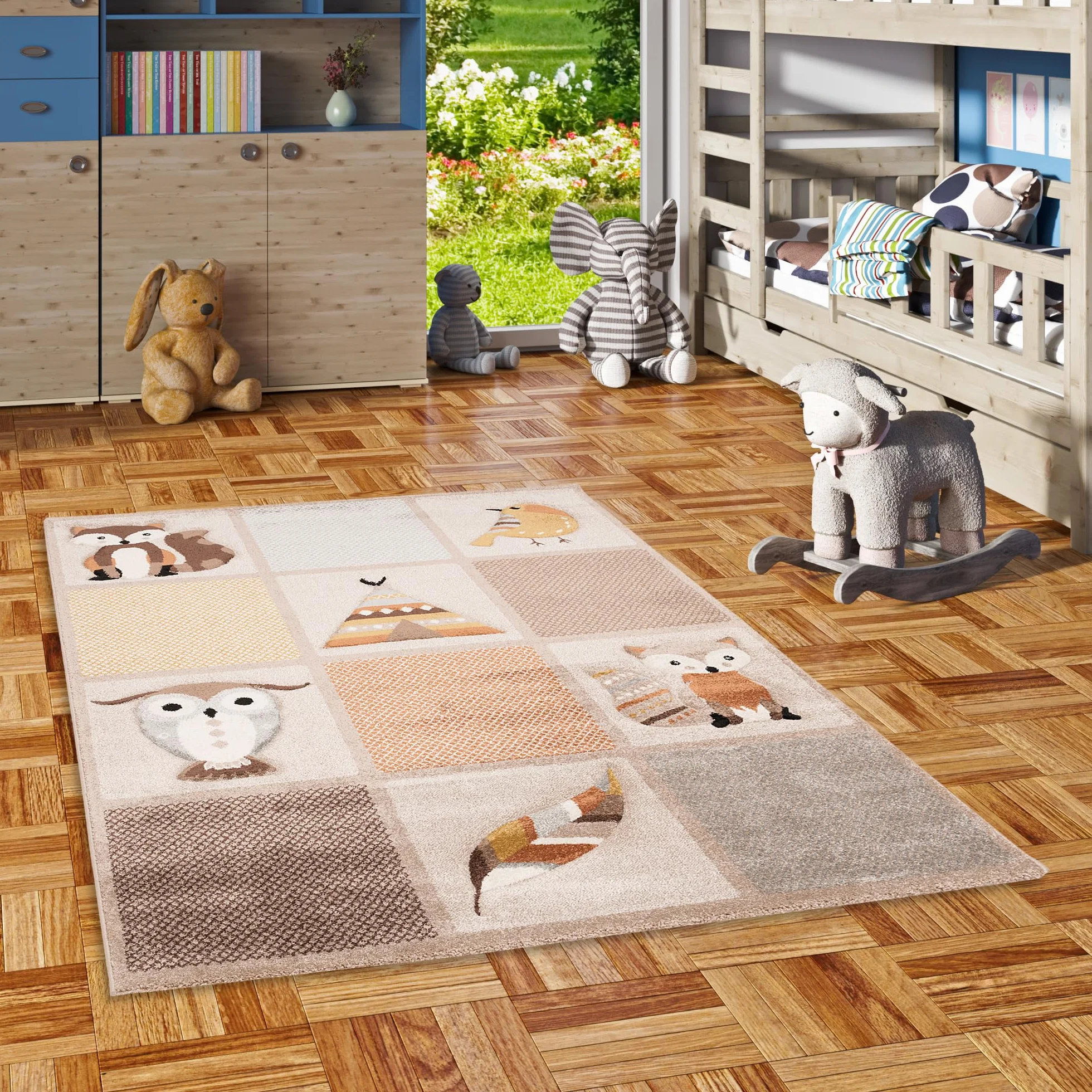 Pergamon Maui Kids Tapis Enfant Les Animaux de la Forêt Beige Marron 5 Tailles