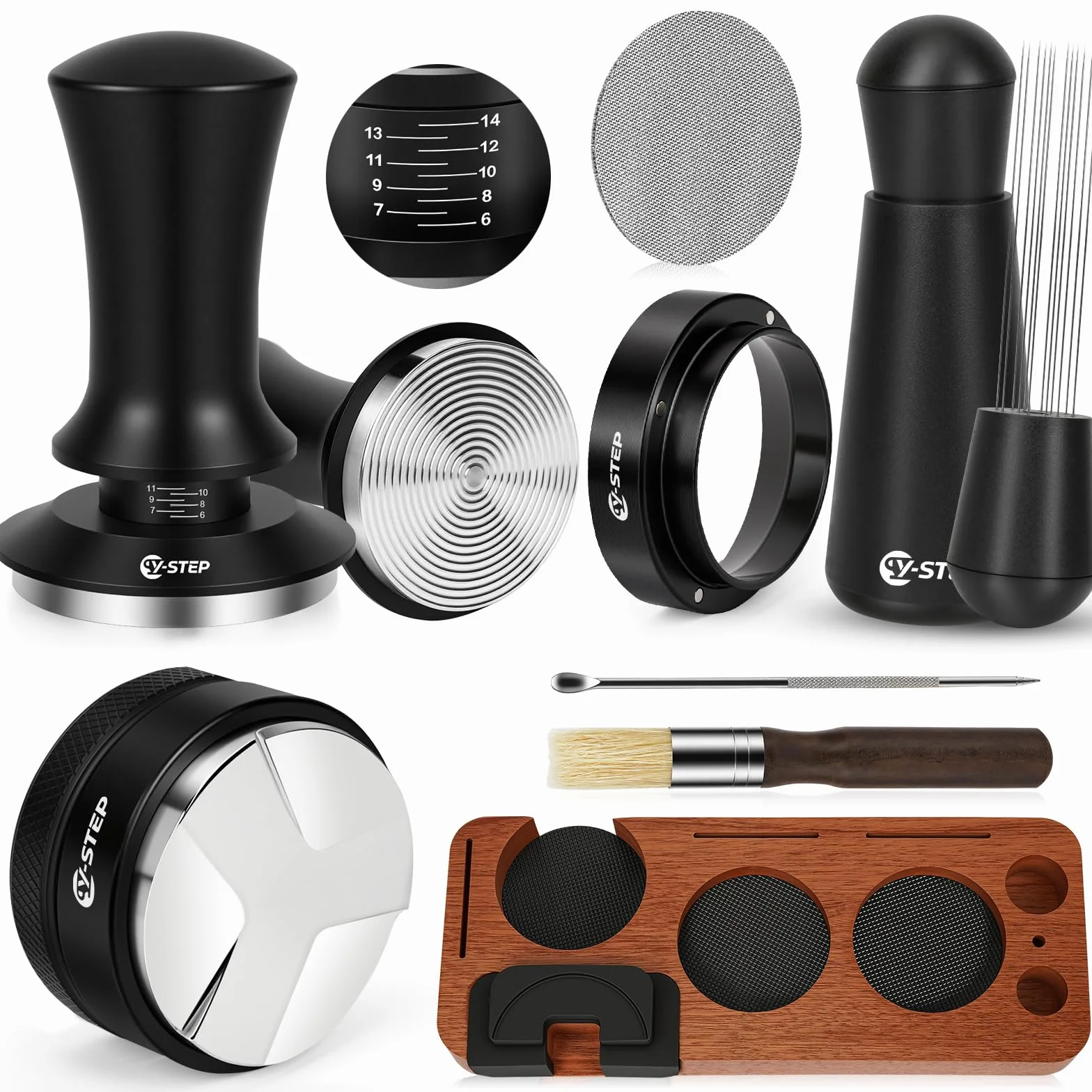Y-Step Lot de 8 accessoires pour expresso - Tamper à café 51 mm avec station de tamper, Coffee Leveler, outil WDT, bague de dosage, brosse de nettoyage, puck screen, agitateur, pour machine à expresso