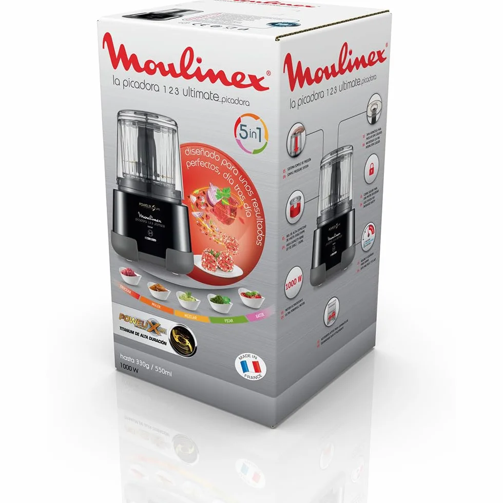 Moulinex 1,2,3 DP8108 - Hachoir électrique 1000 W, 2 lames Powerlife, capacité de jusqu'à 350 g/550 ml, couvercle hermétique, système de protection contre la surchauffe, compact, noir