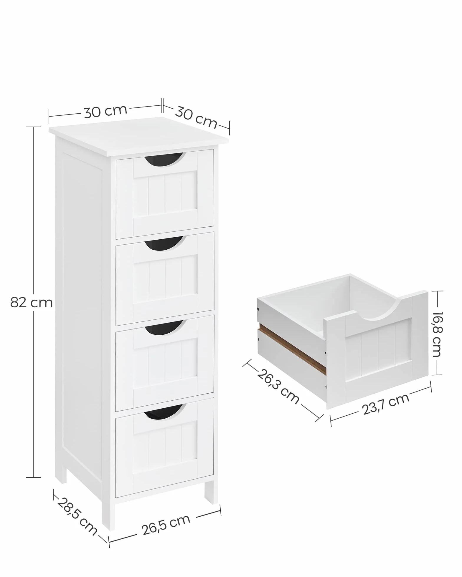 VASAGLE Meuble de Salle de Bain, Armoire sur Pied, avec 4 Tiroirs, 30 x 30 x 82 cm, pour Salon, Salle à Manger, Cuisine, Style Moderne, Blanc LHC40W