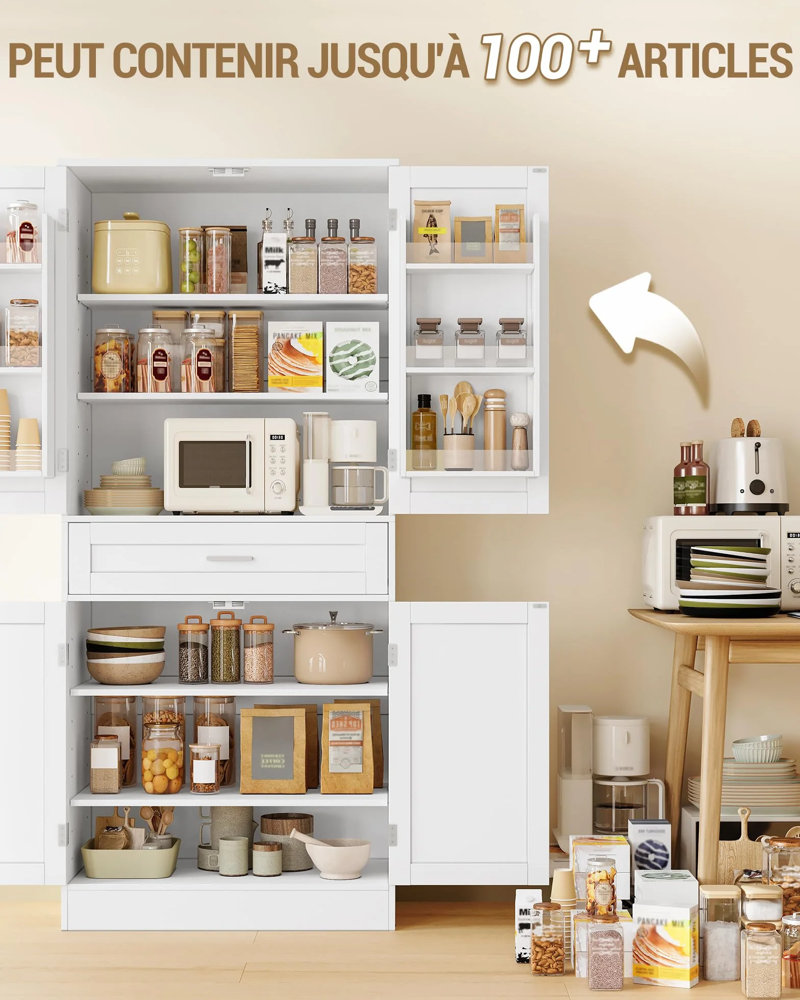 Hzuaneri Meuble Cuisine, Buffe Haute avec Porte-étagère 6 Niveaux, Meuble de Rangement avec 4 Portes et 1 Grand Tiroir, Style Moderne, Cuisine, Salon, 40 x 80 x 180 cm, Blanc PT21003X