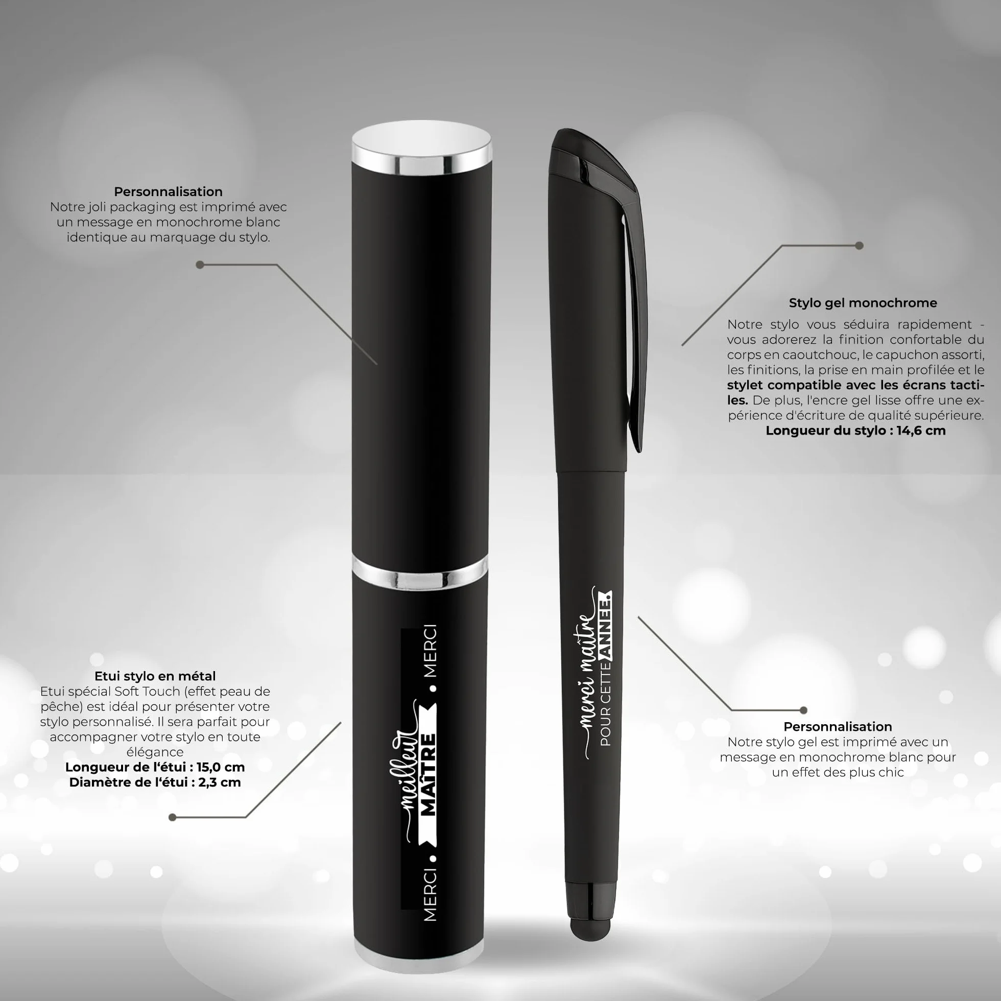 STYLO personnalisé avec stylet pour écran tactile et ÉTUI CADEAU offert Idée cadeaux PAS CHERS ÉCOLE NOËL