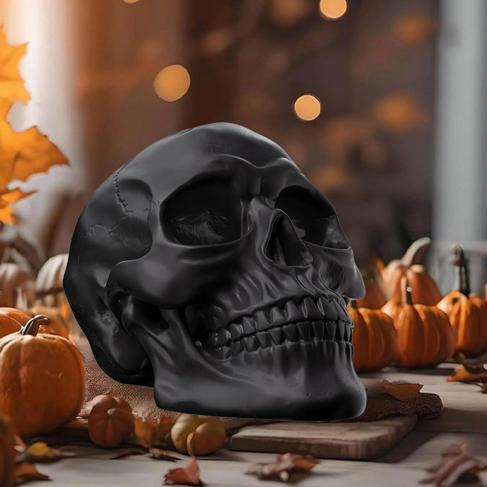 Crâne d'Halloween Statue en Résine Décoration Intérieur Rétro Noir
