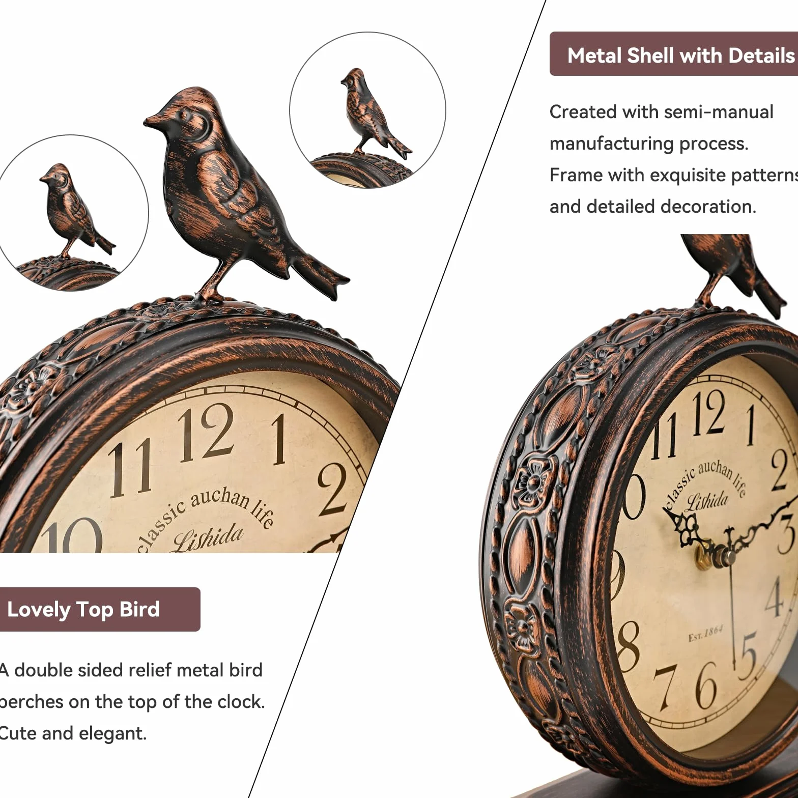 Horloge de Cheminée Antique 20,3 cm Métal Silencieuse Décorative avec Oiseau