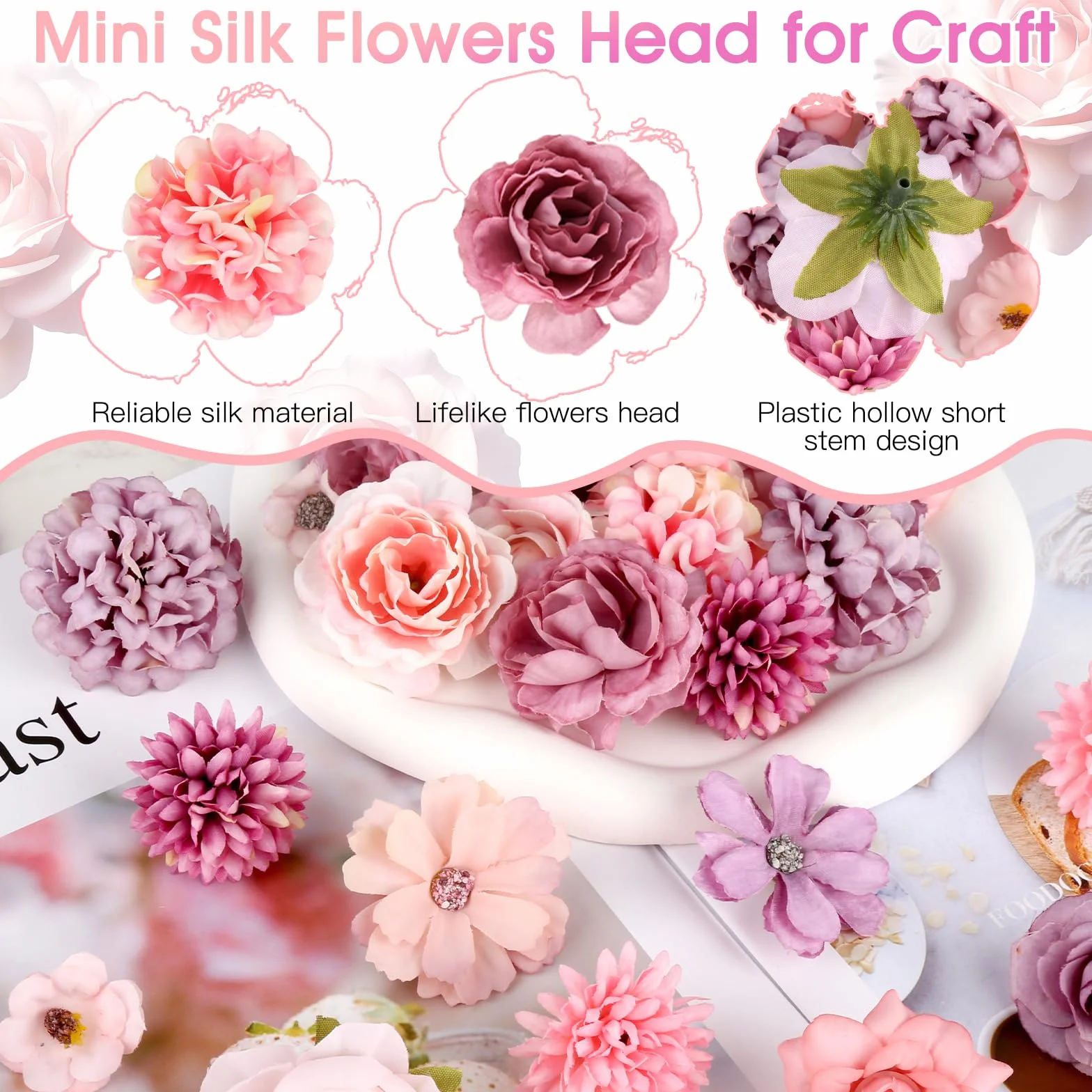 40 Pièces Fausse Fleur Artificielle Tete de Fleurs en Tissu Rose Violet Mélangée 10 Styles pour DIY Scrapbooking Guirlande Mariage Bouquet