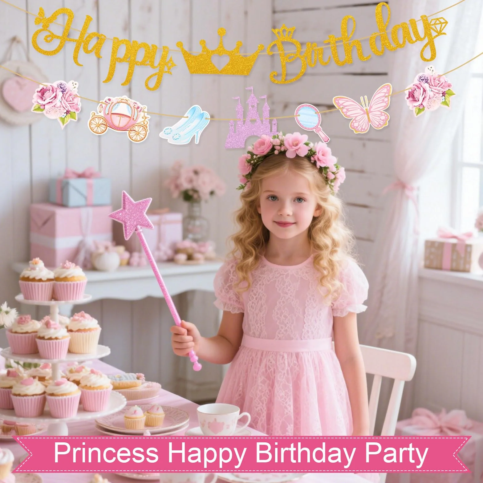 Bannière d'Anniversaire Princesse BOXOB avec Couronne Château Chaussure en Cristal Calèche pour Filles