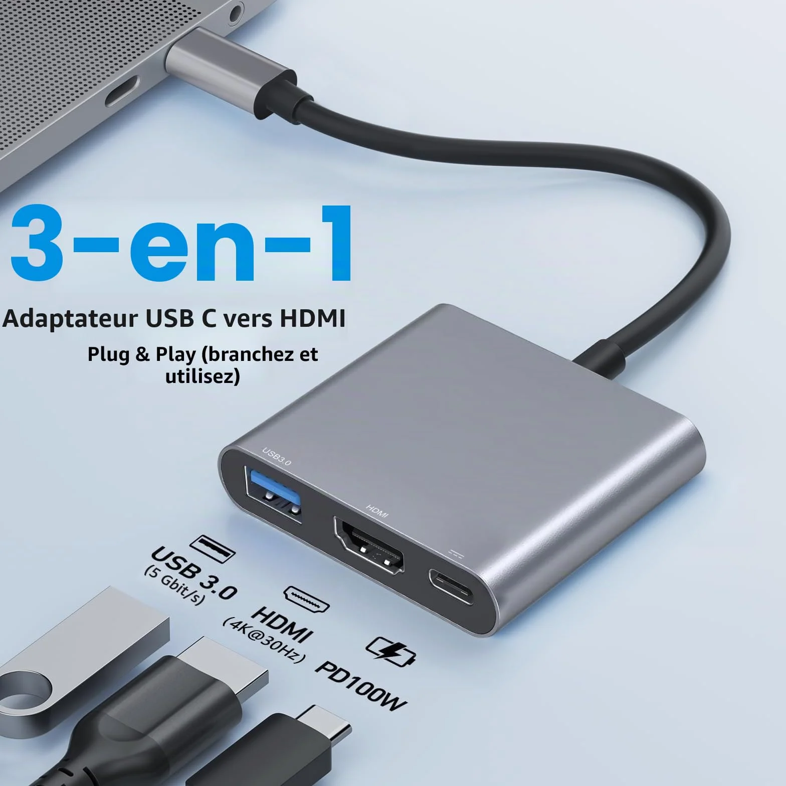 Adaptateur USB C vers HDMI 4K 3 en 1 Multiport AV Numérique avec PD Charge 100W USB 3.0 pour MacBook Pro Air Samsung HP Surface