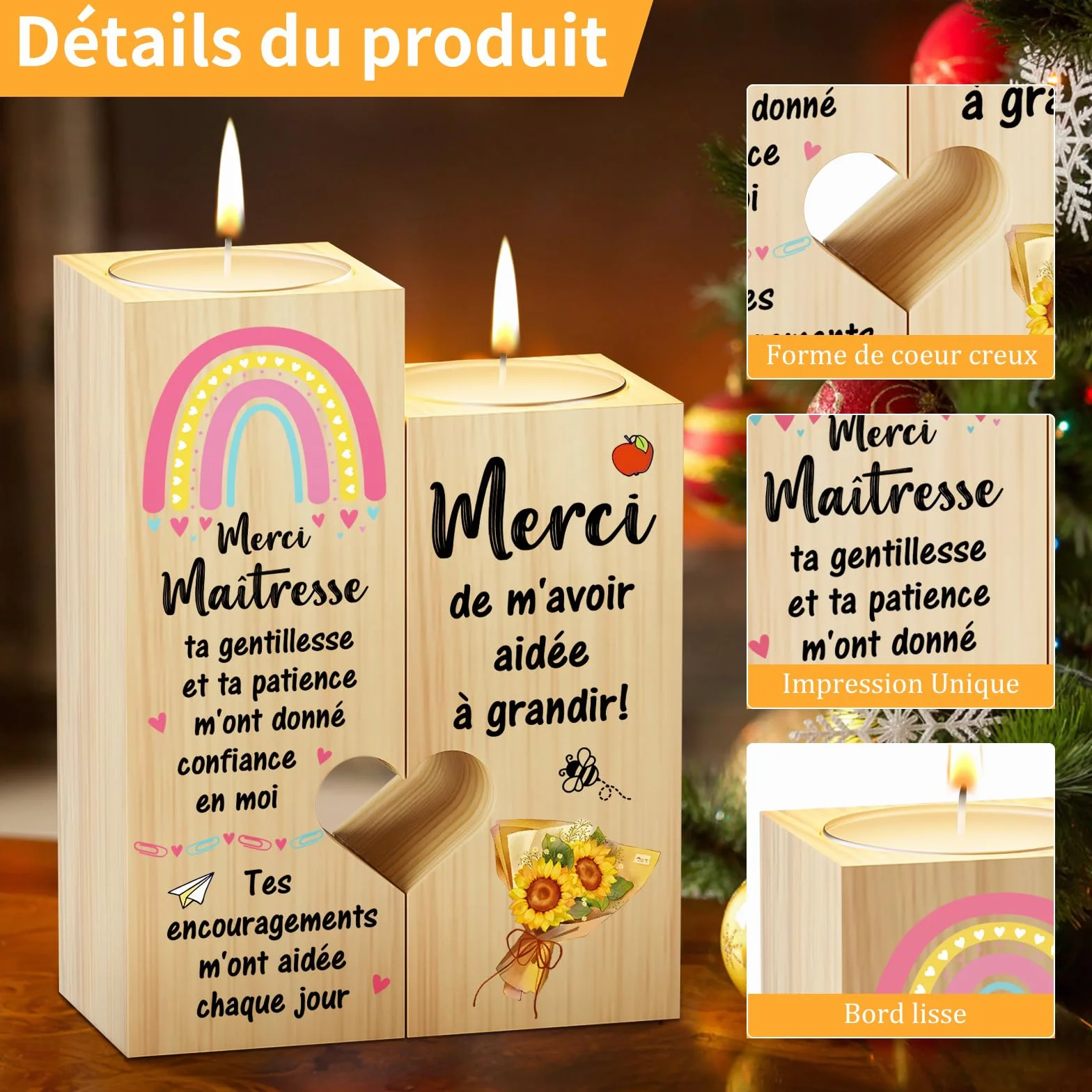 Bougeoir en Forme de Coeur Cadeau pour Maîtresse d'École, Idée Cadeaux pour Enseignante Reconnaissance Noël Fin d'Année