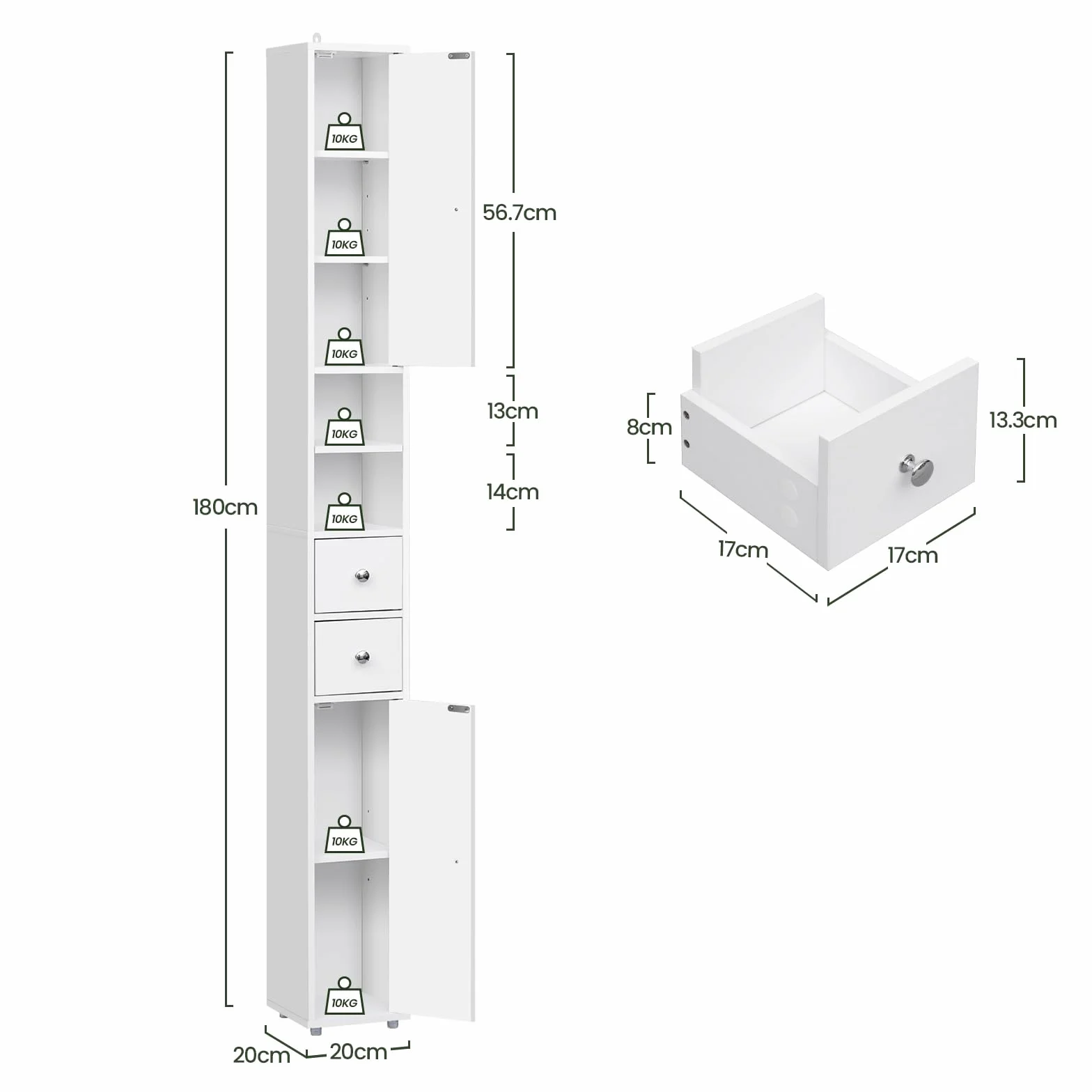 EUGAD Meuble Colonne de Salle de Bains, Armoire Rangement WC avec 2 Tiroirs, 2 Portes, Étagères Réglables et Compartiments Ouverts, Blanc, 20x20x180cm