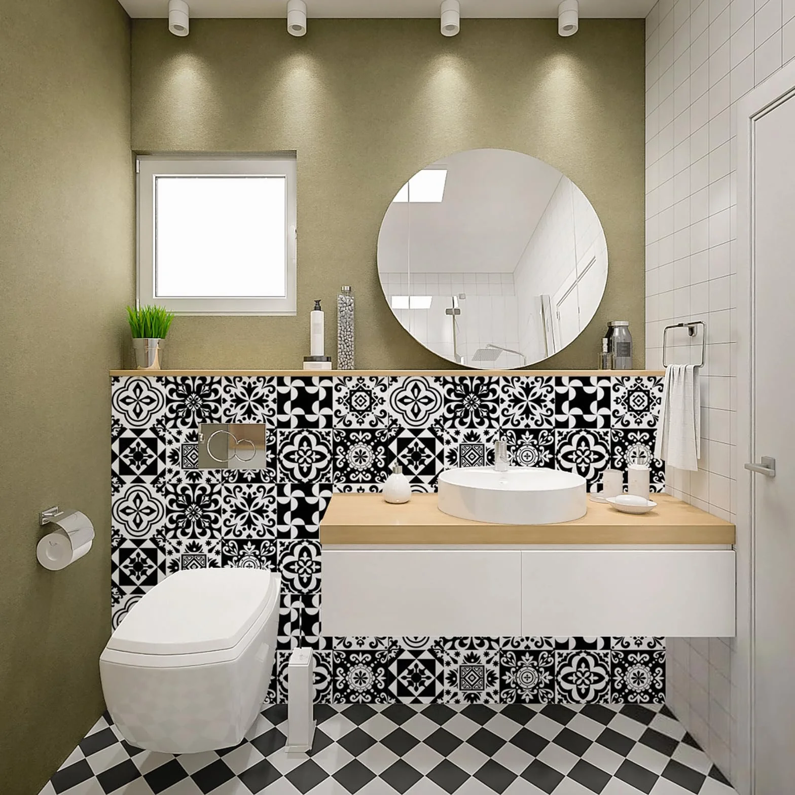 Autocollant Carreaux Adhesif Cuisine Salle de Bain 15x15 cm 24 pieces Noir Blanc