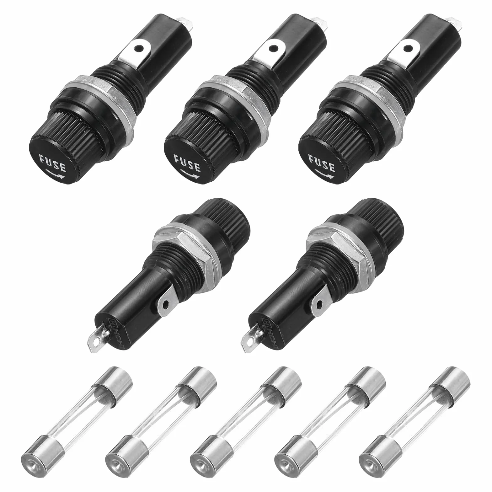 QUARKZMAN 5 sztuk montowanych na panelu, bezpieczników 45 x 18,4 mm, 250 V, 125 V, 20 A, z nakrętką i 5 sztuk 6 x 30 mm szybkich rur bezpiecznikowych