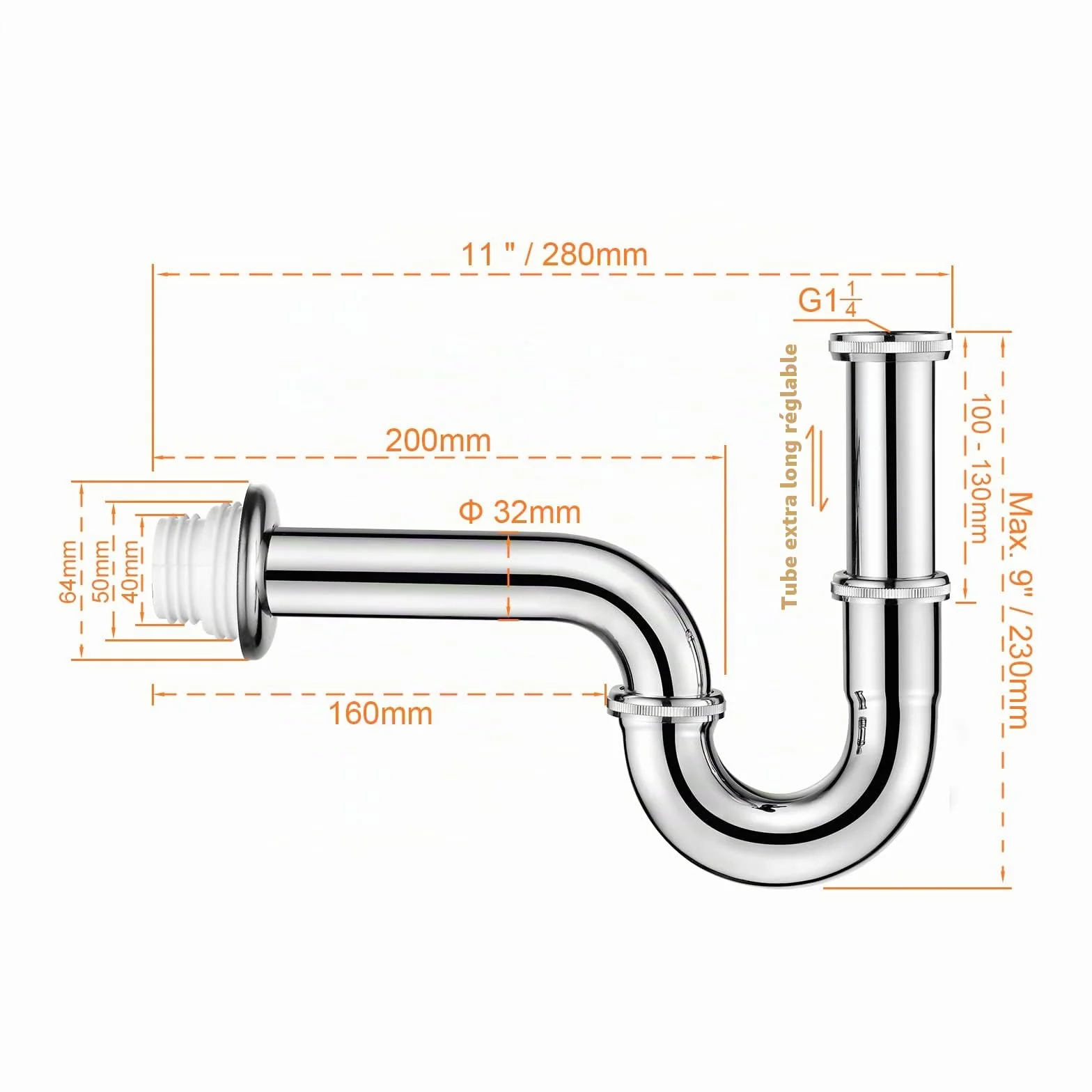 Ibergrif Siphon Lavabo Réglable Inox Chromé Anti-Odeur 1"1/4 x 32 mm Acier Inox 304
