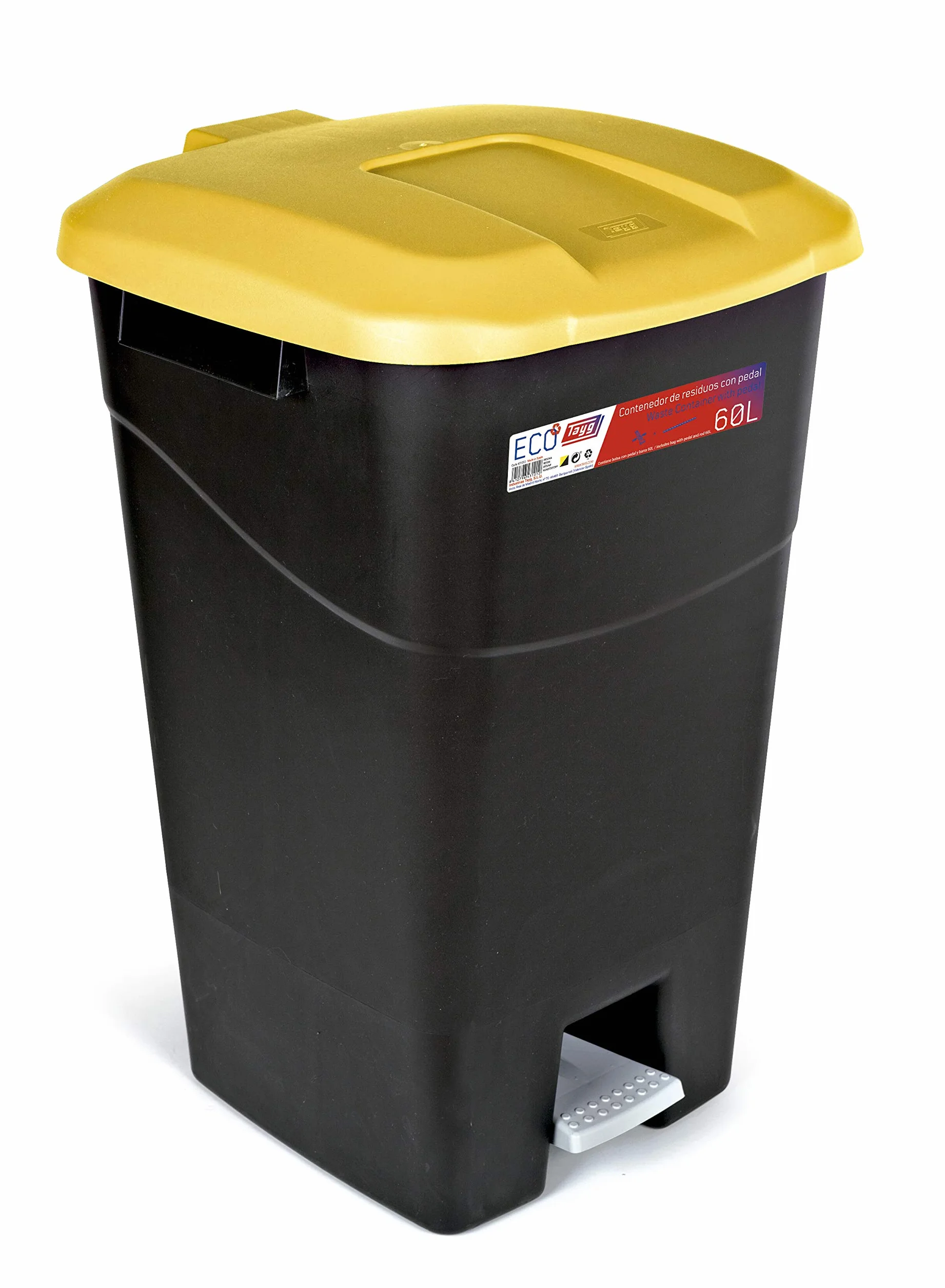 Poubelle 60 litres avec pédale noire et jaune plastique Tayg