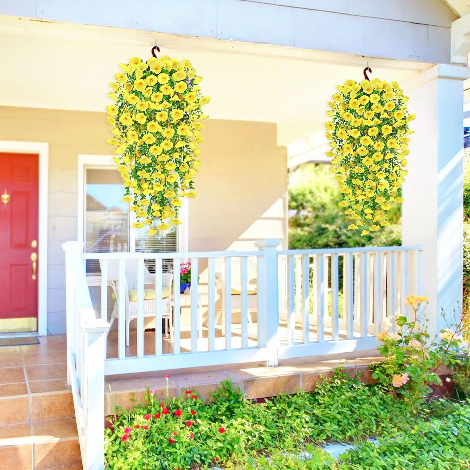 YSUVIN Fleurs Artificielles 2 Pièces Pétunia Plante Suspendue Extérieur Résistant UV Jaune