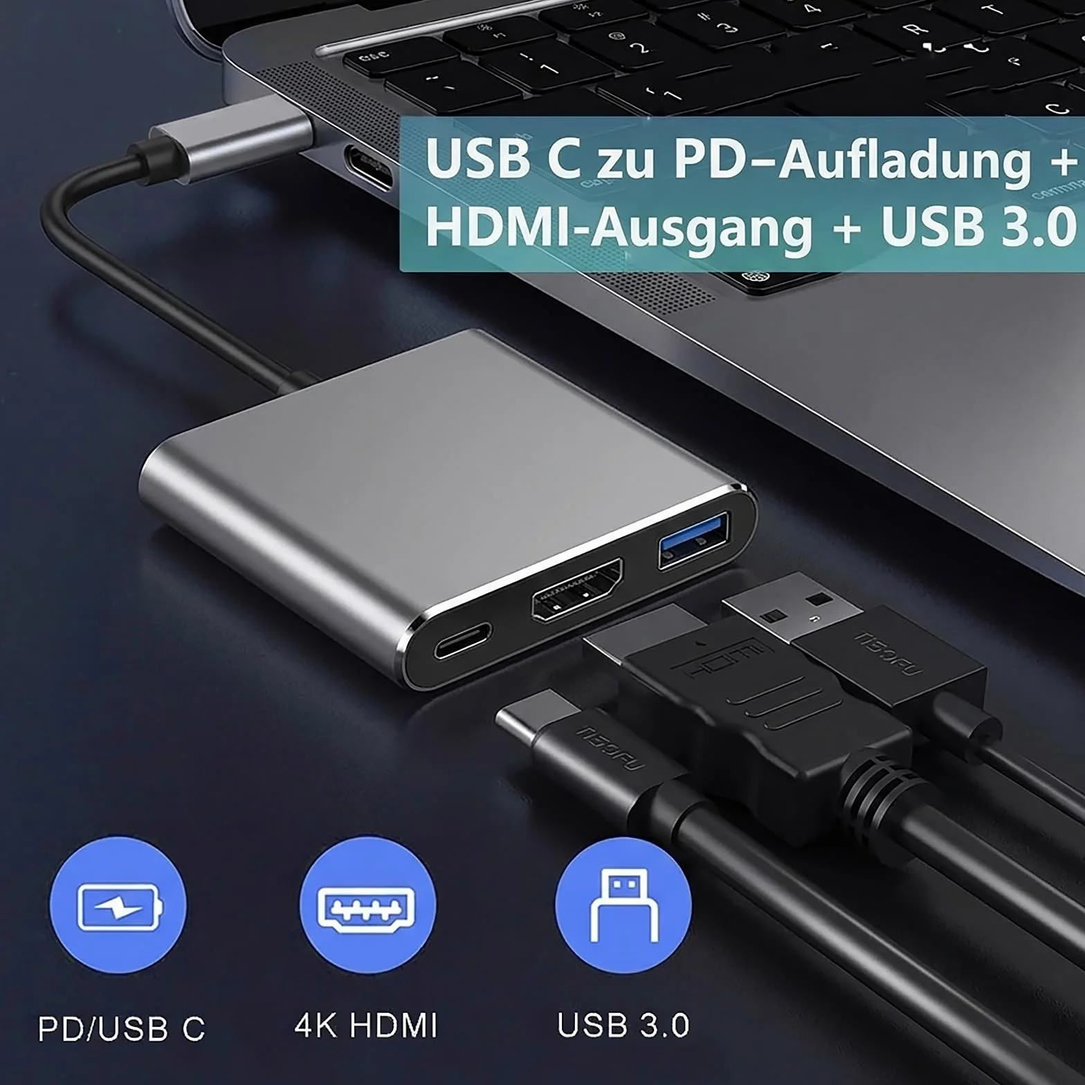 Adapter USB C na HDMI, 4K 30 Hz Multiport Hub z 100 W PD, USB 3.0, adapter USB C HDMI do MacBook Pro/Air, iPad Pro, Samsung S24/S23, Surface, HP
