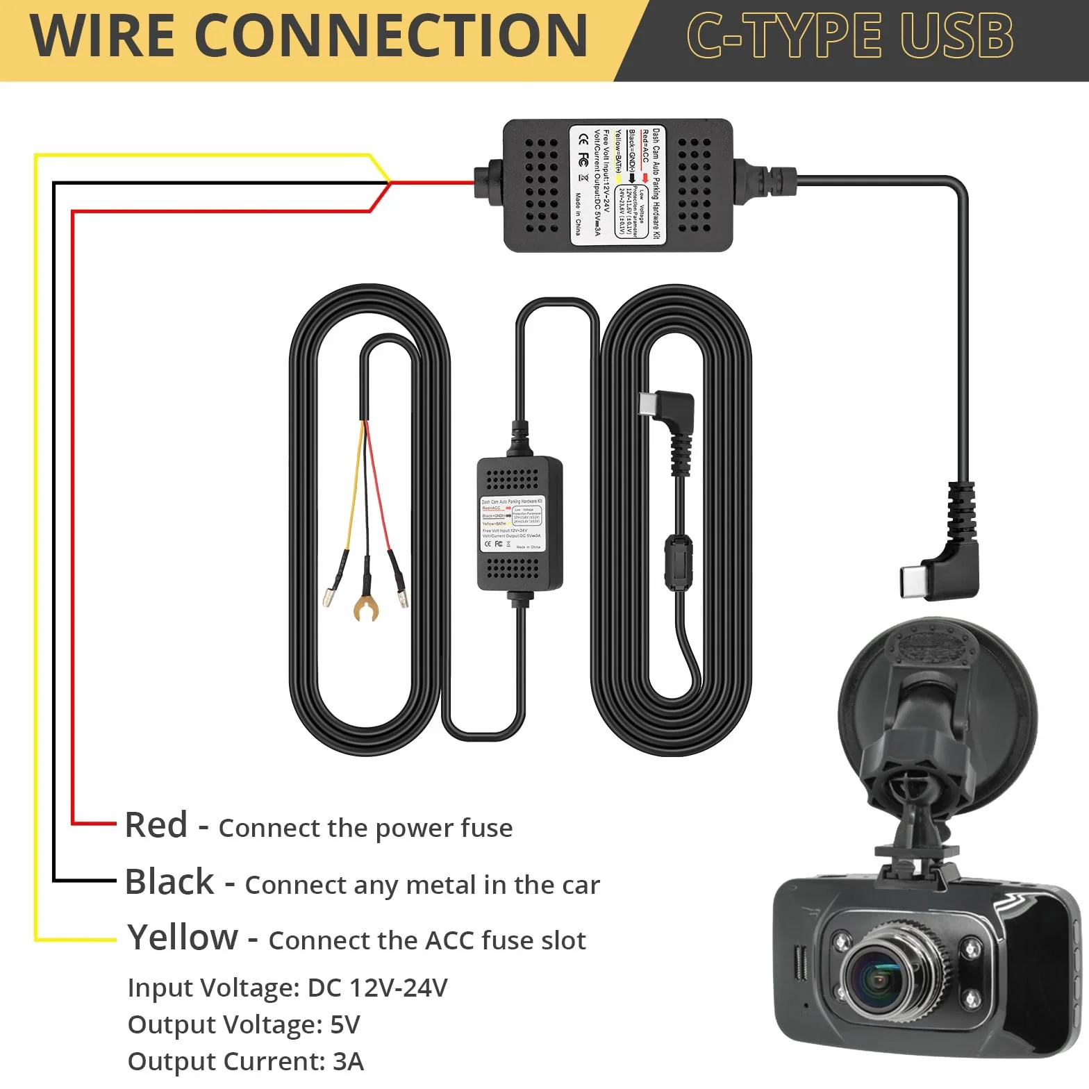 AMTOVL Zestaw Hardwire do aparatu, typ C - USB Dash Cam 3 przewody z bezpiecznikami ACC, ochrona przed niskim napięciem 12 V/24 V do 5 V