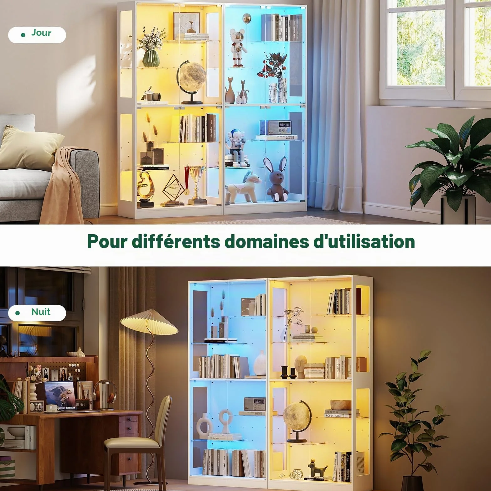 Lamtor Vitrine en Verre Debout, 175 cm, avec éclairage LED RVB, réglable en Hauteur, avec Verre trempé de sécurité et Fermeture magnétique, pour Les Collections dans Le Salon, Blanche