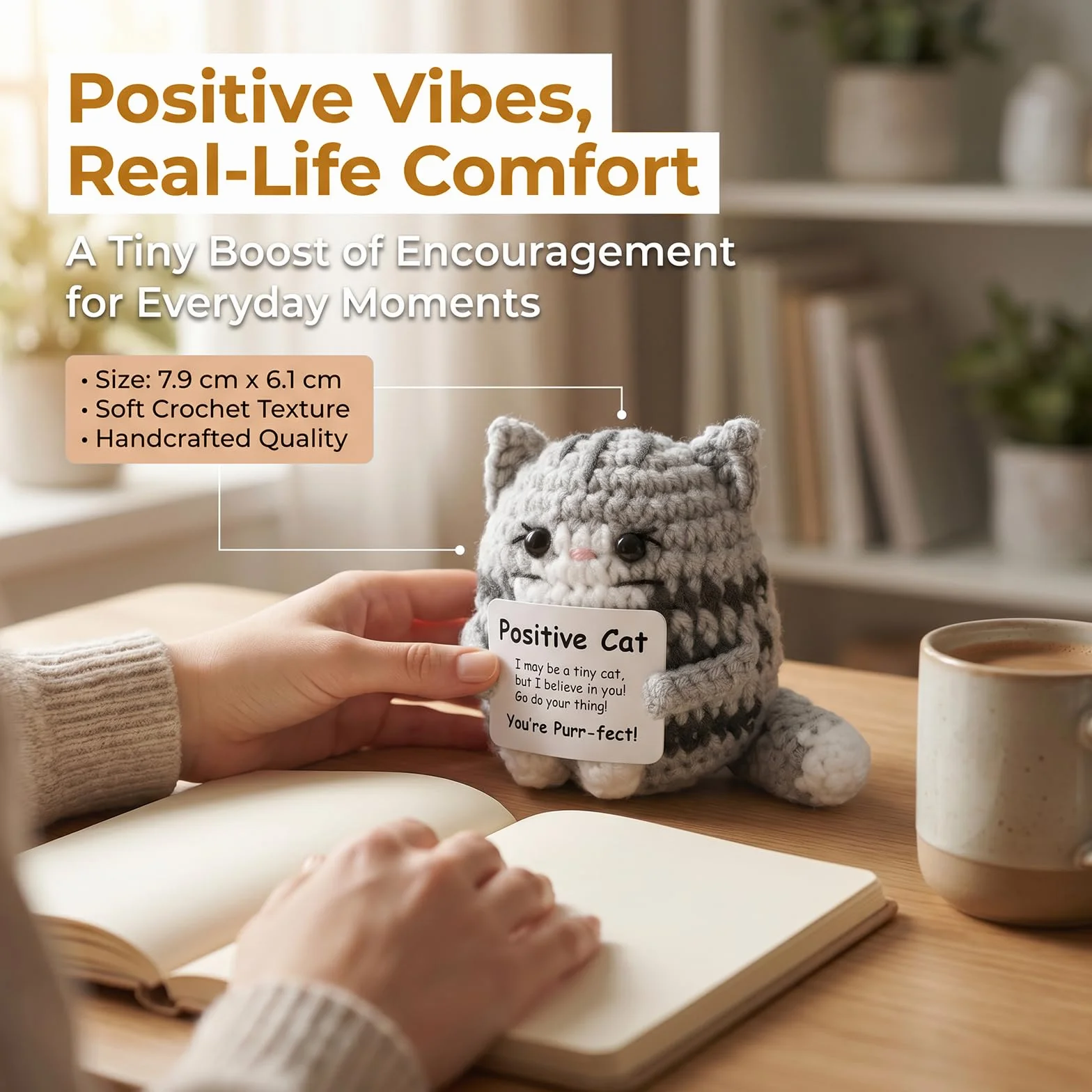 Lilbitty Kleine gehäkelte Positive Katze – Poupée tricotée Faite à la Main avec Carte, Cadeau motivant au Crochet