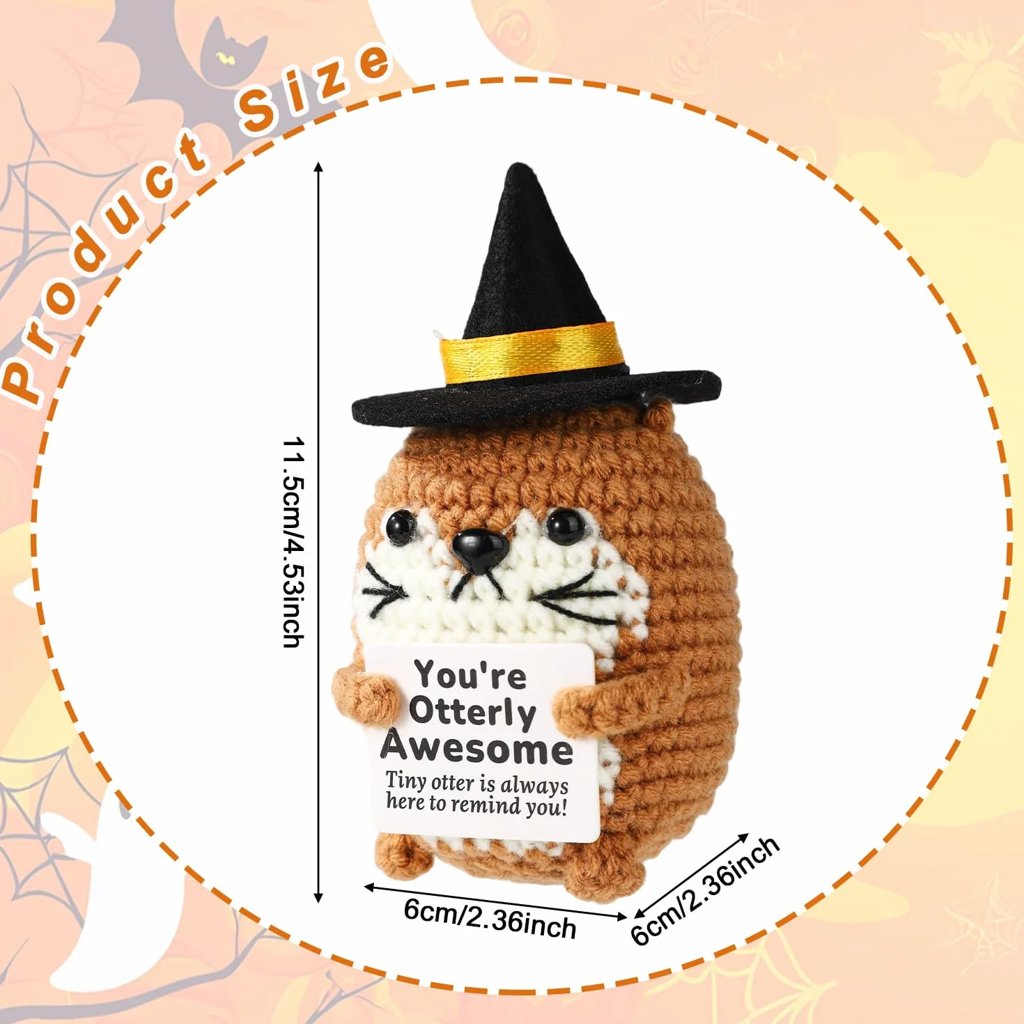 TOYMIS Loutre de Mer Tricotée Artisanal Positive Chapeau Sorcière Halloween Mignon Poupée Soutien Émotionnel (Marron)