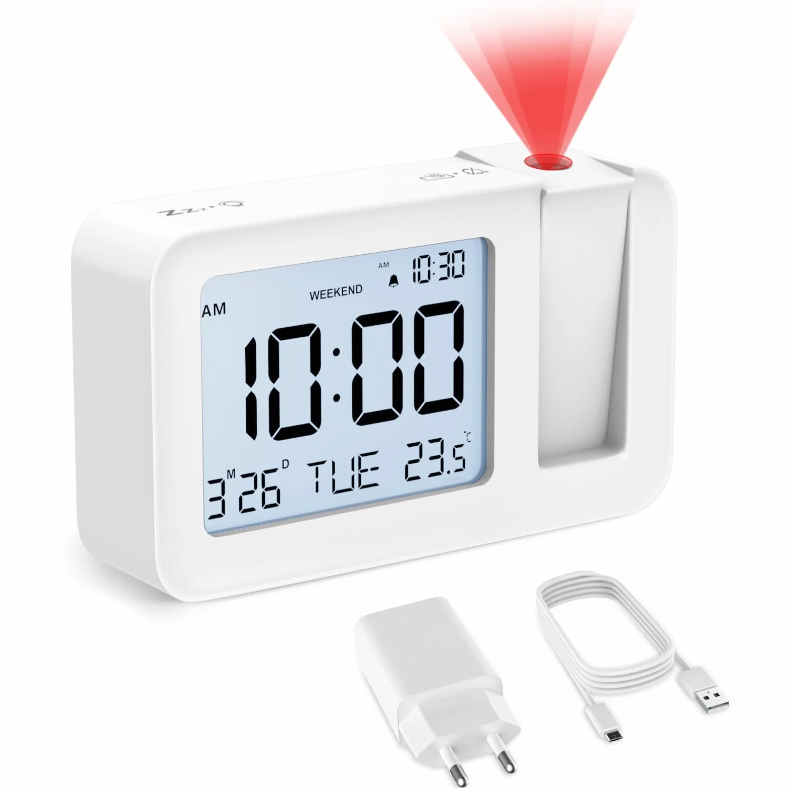 Projecteur Plafond Réveil Numérique avec Température Intérieure, 4 Niveaux Luminosité, Réglage 12/24H pour Chambre