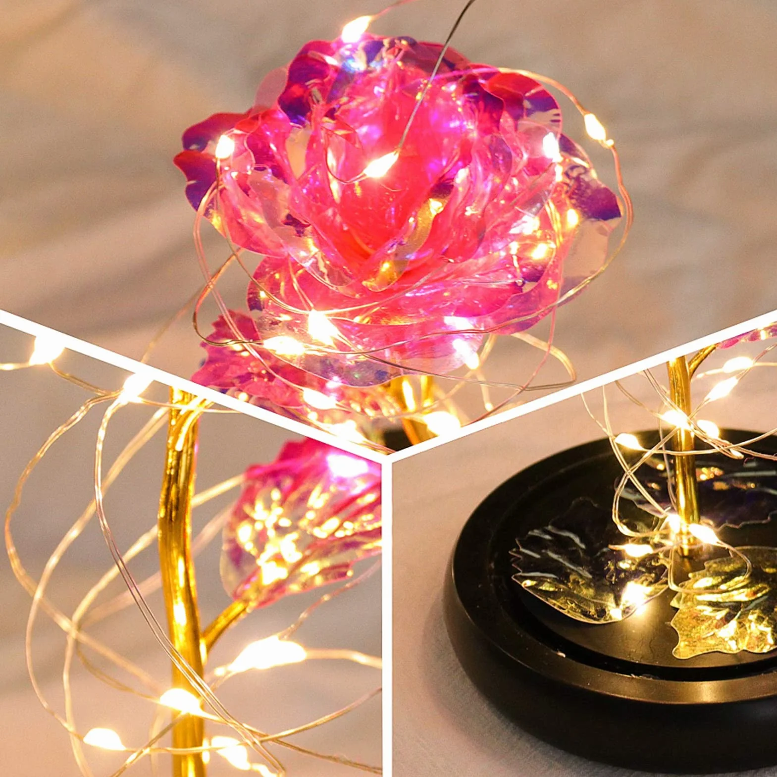 Rose Eternelle sous Cloche Galaxy Rose La Belle et la Bête avec LED Lumières Cadeau Fête des Mères pour Femmes