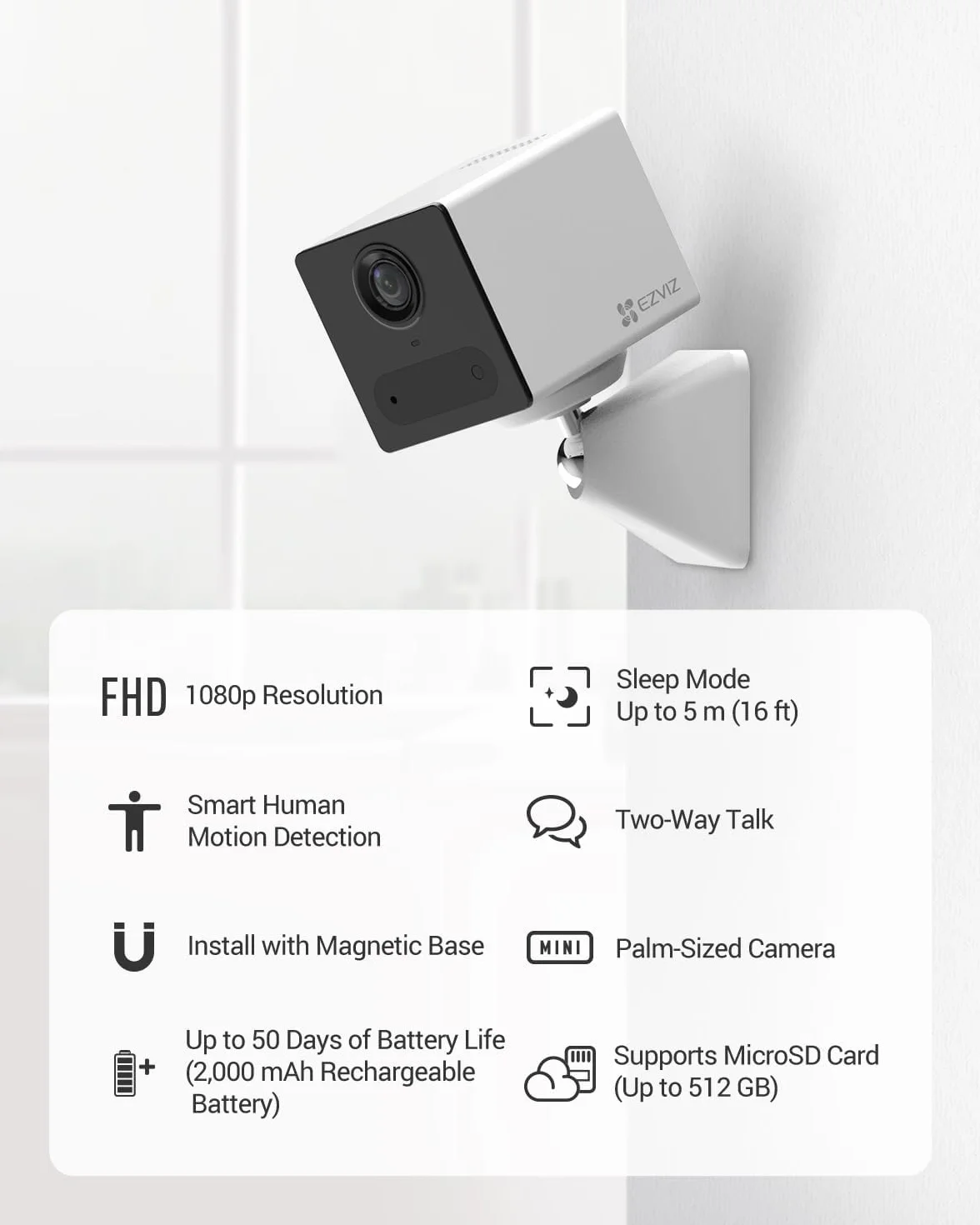 EZVIZ CB2 1080P Bezprzewodowa wewnętrzna kamera nadzorująca WiFi na baterii 2000 mAh, kamera dziecięca WiFi 2,4 GHz, wykrywanie osoby, 5 m noktowizor, dwukierunkowy dźwięk, typ C, uchwyt magnetyczny