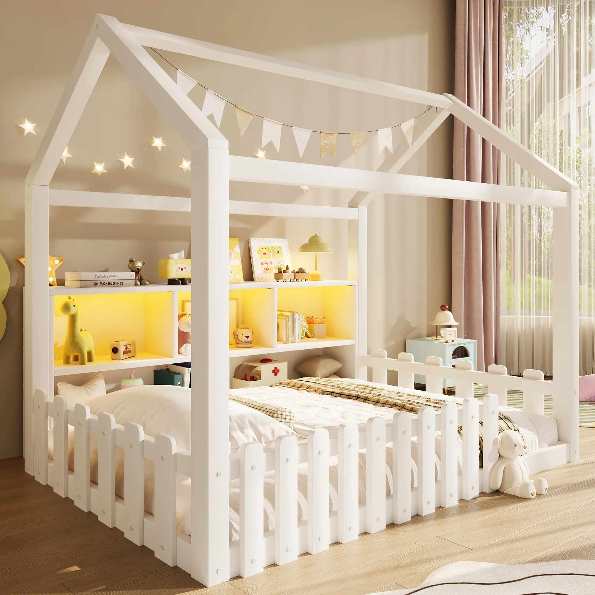 Sapgaks Lit Enfant avec éclairage LED,barrière de sécurité,Compartiments de Rangement Ouverts,lit cabane Enfants 90x 190 en pin,Cadre de lit 90 x 190 avec sommier à Lattes (Blanc 90x190)