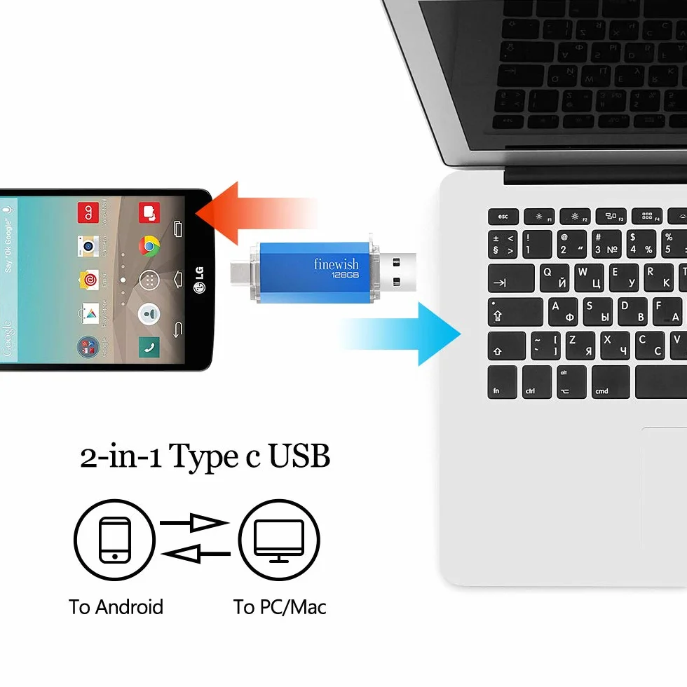 CLé USB 128 Go 2 en 1 USB C Pendrive Portable Type C Memory Stick pour Huawei Xiaomi Oneplus OTG Android (Bleu)