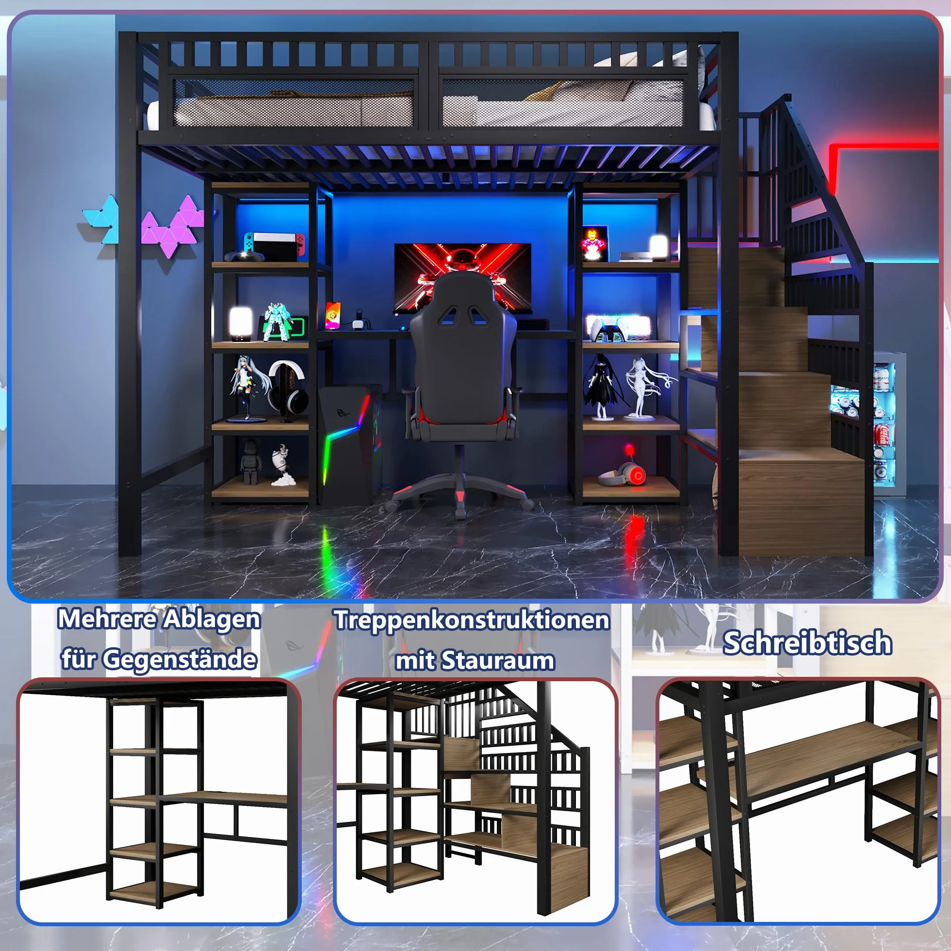 Sapgaks Lit Mezzanine Enfant en Fer 140x200 avec LED,Port USB, Bureau,Compartiment de Rangement,échelle de Rangement,lit superposé avec Garde-Corps,Cadre de lit Mezzanine 2 Place (A-Noir, 140x200)