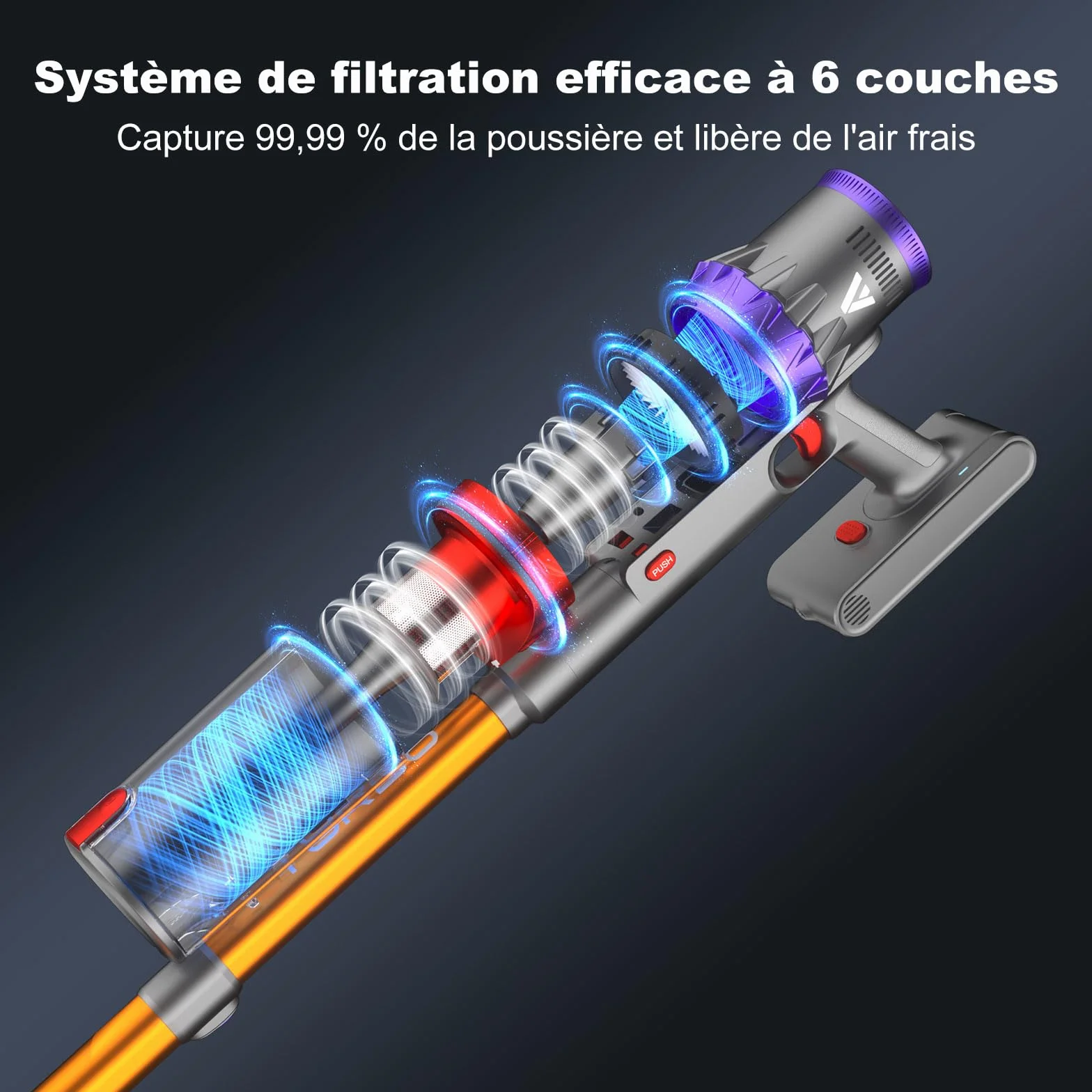 coovy SU7 Aspirateur Balai sans Fil 580W/55Kpa/75Mins, Aspirateur Puissant, Détection Poussière, Écrans Tactiles LED, Brosse Anti-Emmêlement Vacuum Cleaner pour Sols Durs Tapis Voiture
