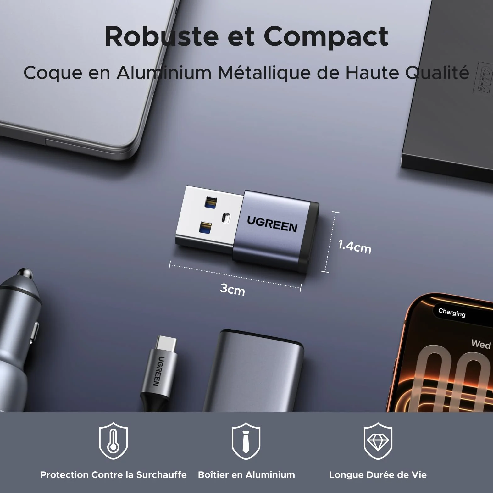 UGREEN Adaptateur USB vers USB C 3.2 10Gbps Lot de 5 Aluminium Convertisseur Type C Femelle vers Type A Mâle