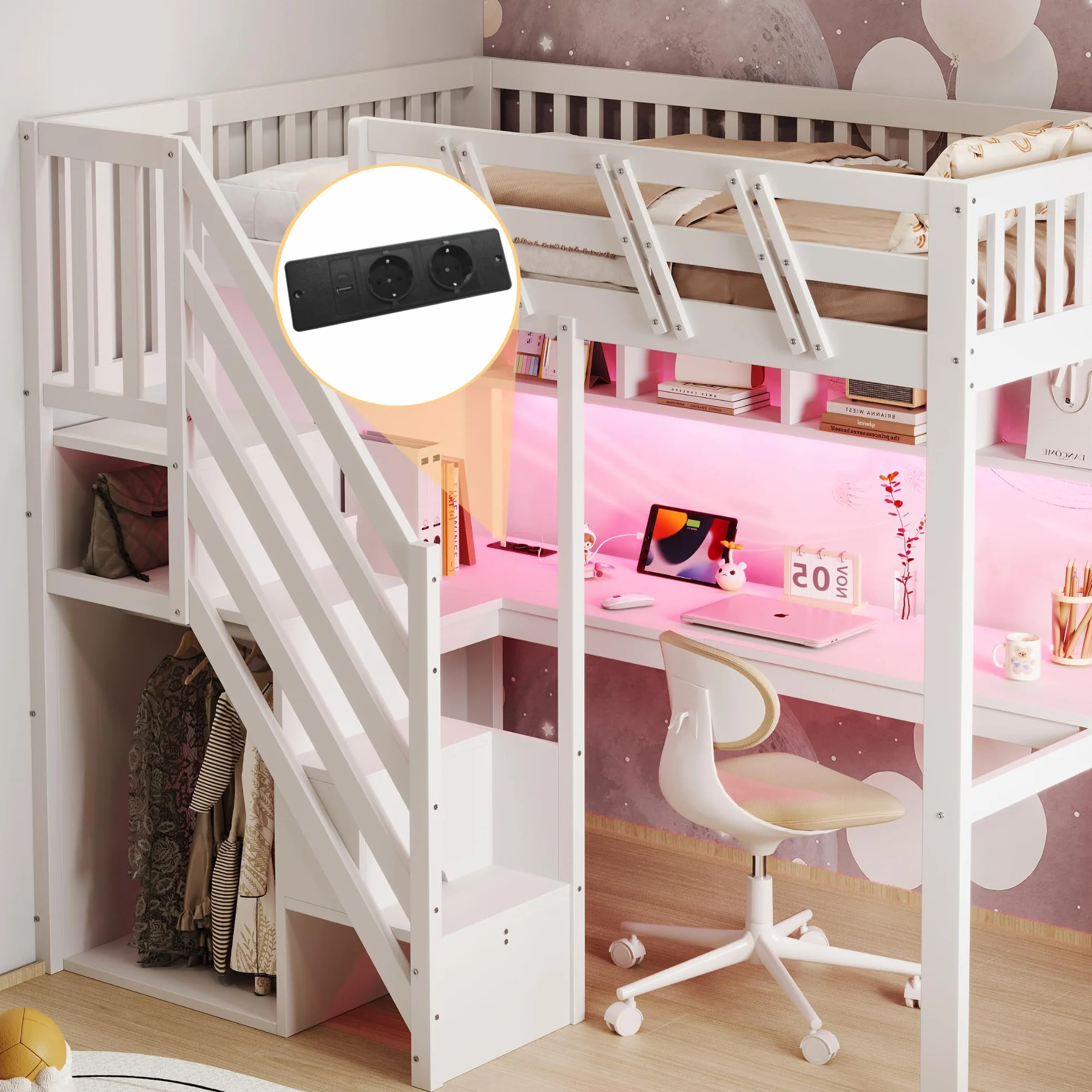 Merax Lit mezzanine 90 x 200 cm, cadre en bois massif, avec bureau, éclairage LED et prise USB, lit pour enfant/adolescent, avec espace de rangement, lit simple, peu encombrant, blanc (sans matelas)