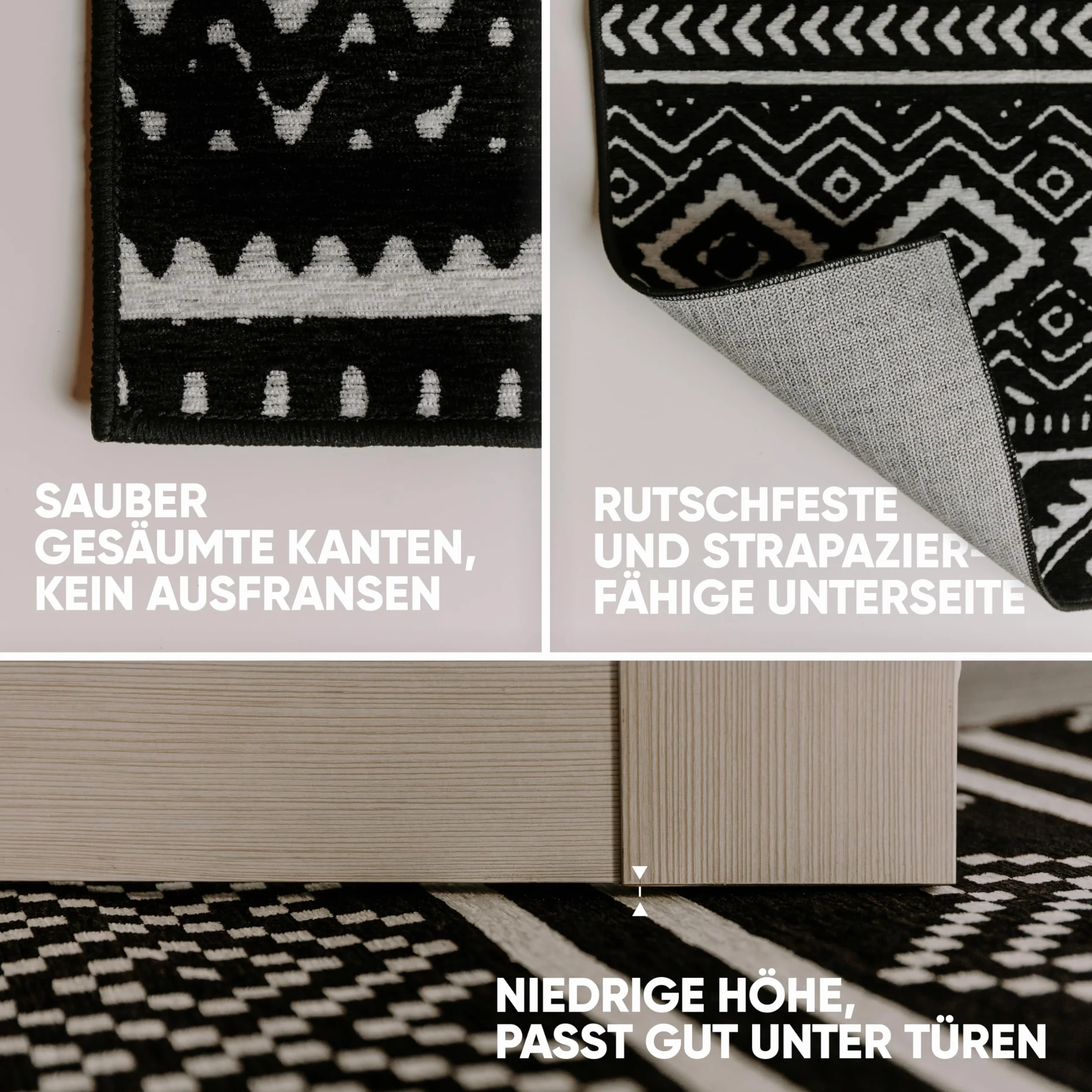 Björn&Schiller Tapis de Couloir Moderne, Long, antidérapant, pour Couloir, Chambre à Coucher et Salon, 60 x 180 cm, Noir