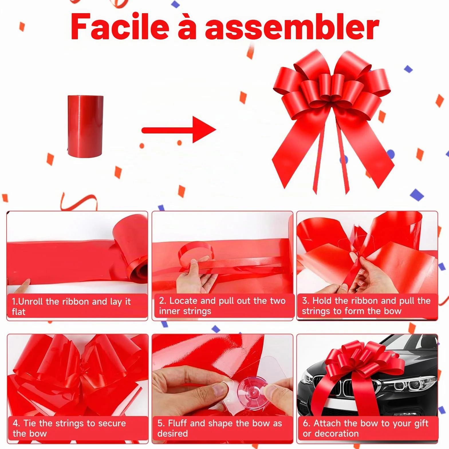 Grand nœud de Voiture Rouge 58 cm avec 2 Ventouses pour Mariage Noël