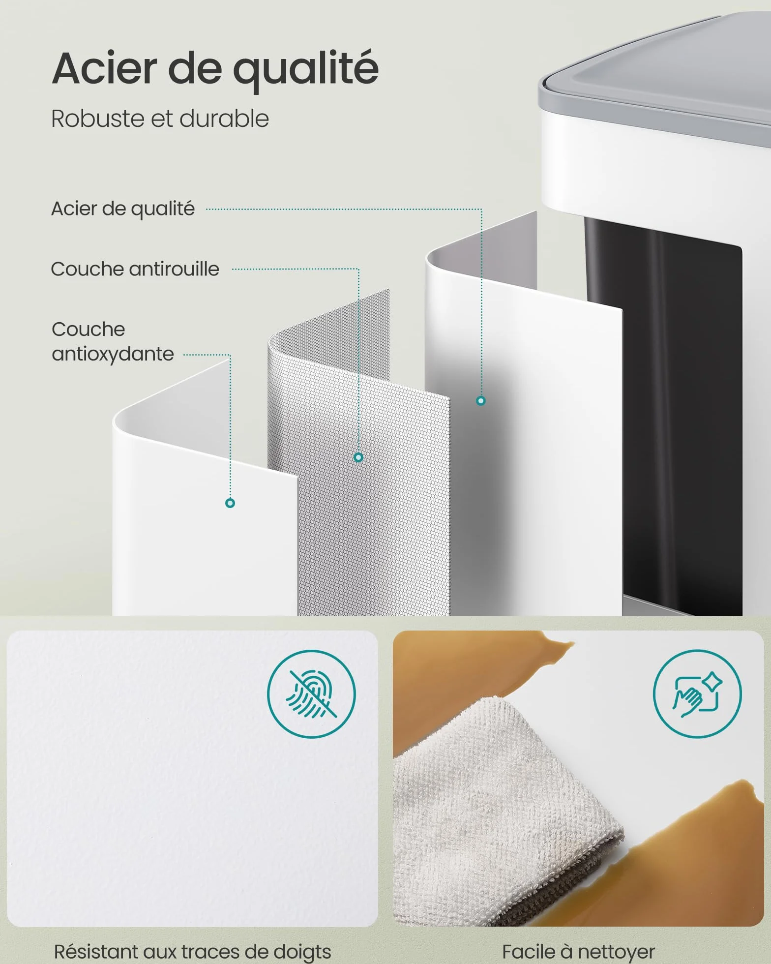 SONGMICS Poubelle de Cuisine 2 x 30 L Acier Inoxydable avec Pédale Blanc Mat LTB741W02