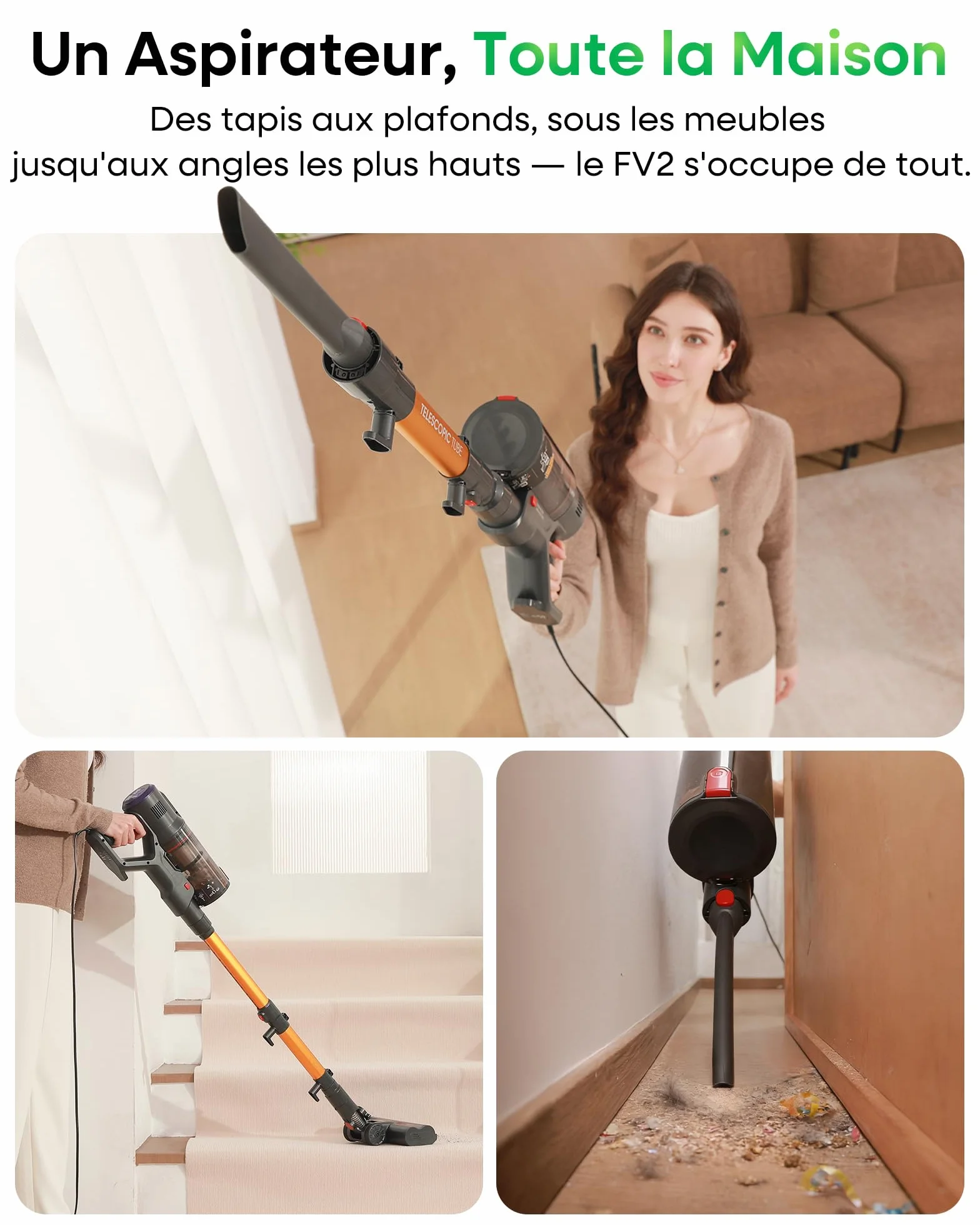 FAMIVAC FV2 Aspirateur Balai avec Fil, 65Kpa/600W Aspirateur sans Sac Puissant, Brosse Matelas, 1,3KG Léger, Câble 7M, 1,5L, Brosse Anti-Enroulement & Autoportante pour Tapis, Sols, Poils d’Animaux