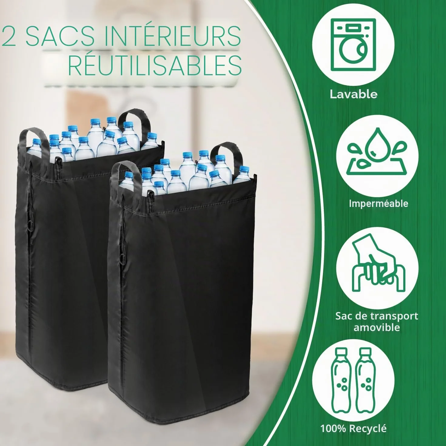 MOWETOO Poubelle de recyclage 110 l cuisine avec couvercle 2 sacs intérieurs amovibles