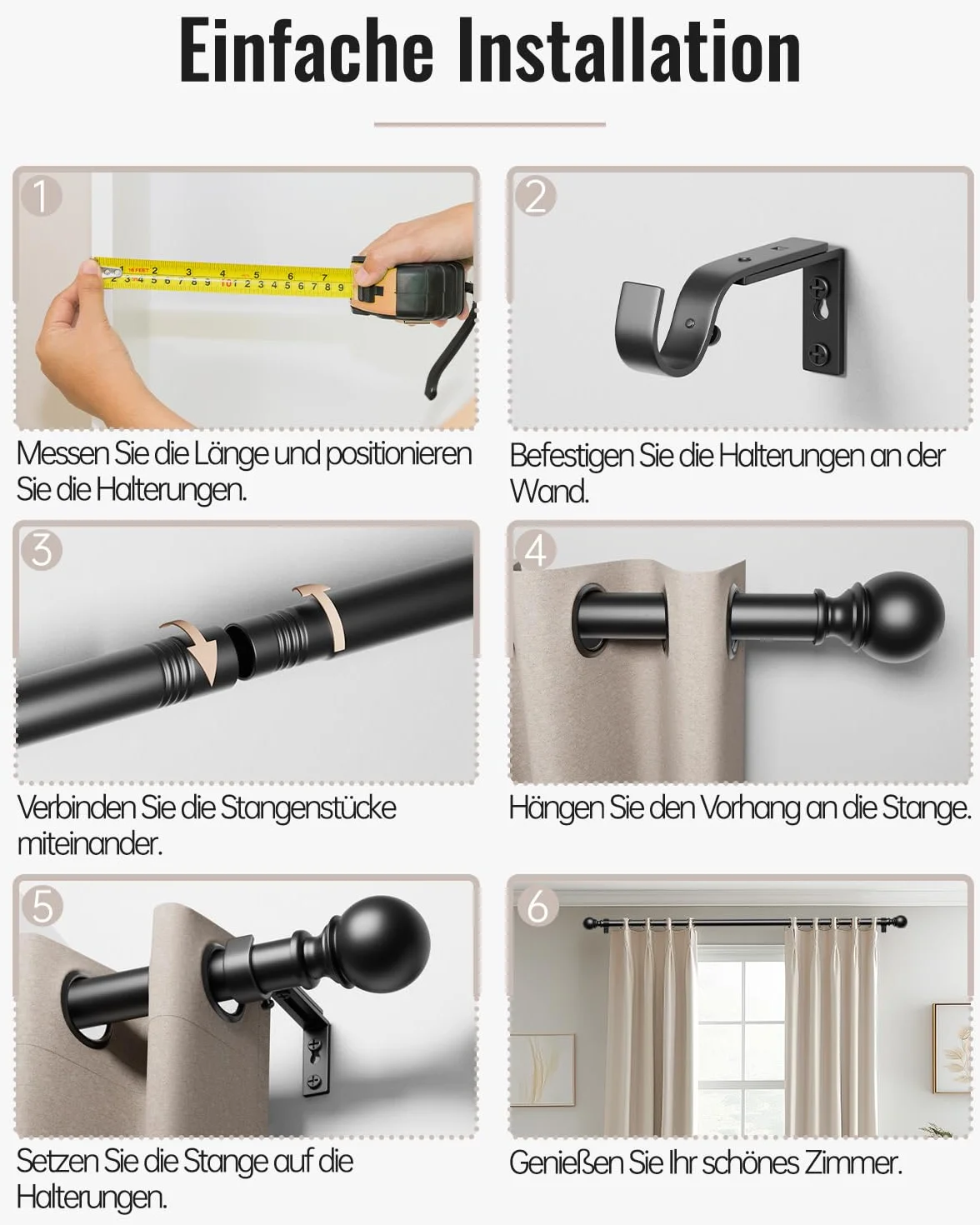 Tringle à Rideaux Extensible 80-218 cm 25 mm avec Embouts Ronds et Supports Noir