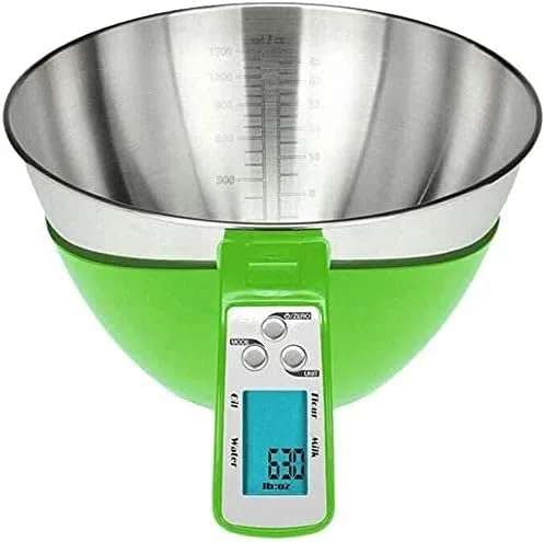 Balance électronique de cuisson 5 kg avec bol mélangeur de 3 L en acier inoxydable - Grand écran pour famille et cuisine - 216 x 163 x 63 mm - Vert