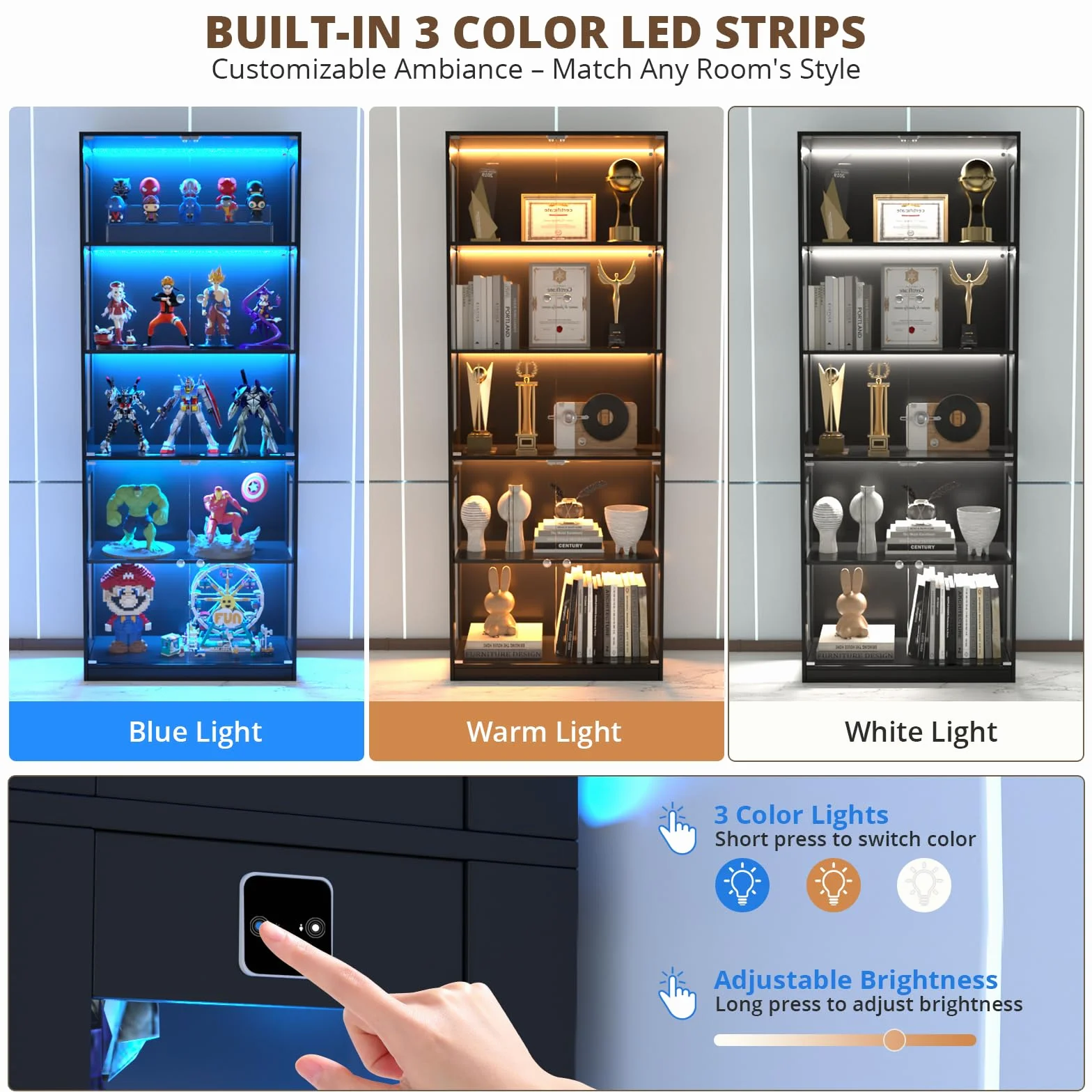 VOWNER Vitrine 5 étages en Verre avec éclairage LED 3 Couleurs, détecteur Intelligent, tablettes en Verre autonomes pour Figurines et Collection, Salon Chambre (Noir, 5 étages)