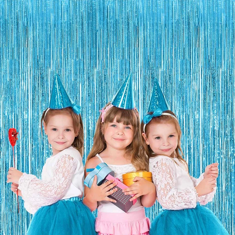 OFFCUP Rideau Métallique de Frange Bleu Clair 1m x 2m Aluminium Brillant Décoration Fête Mariage Anniversaire Photobooth