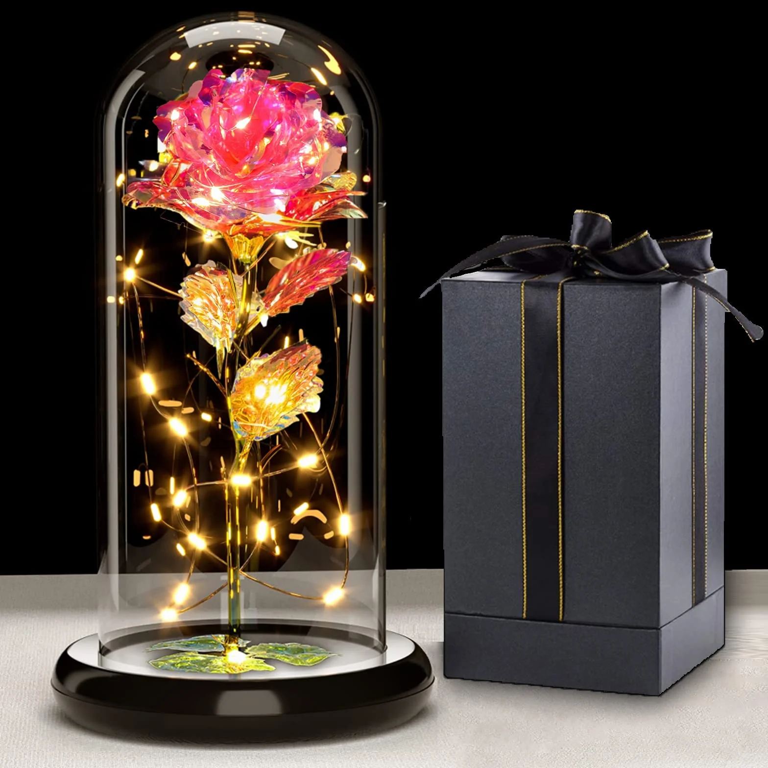 Rose Eternelle sous Cloche Galaxy Rose La Belle et la Bête avec LED Lumières Cadeau Fête des Mères pour Femmes