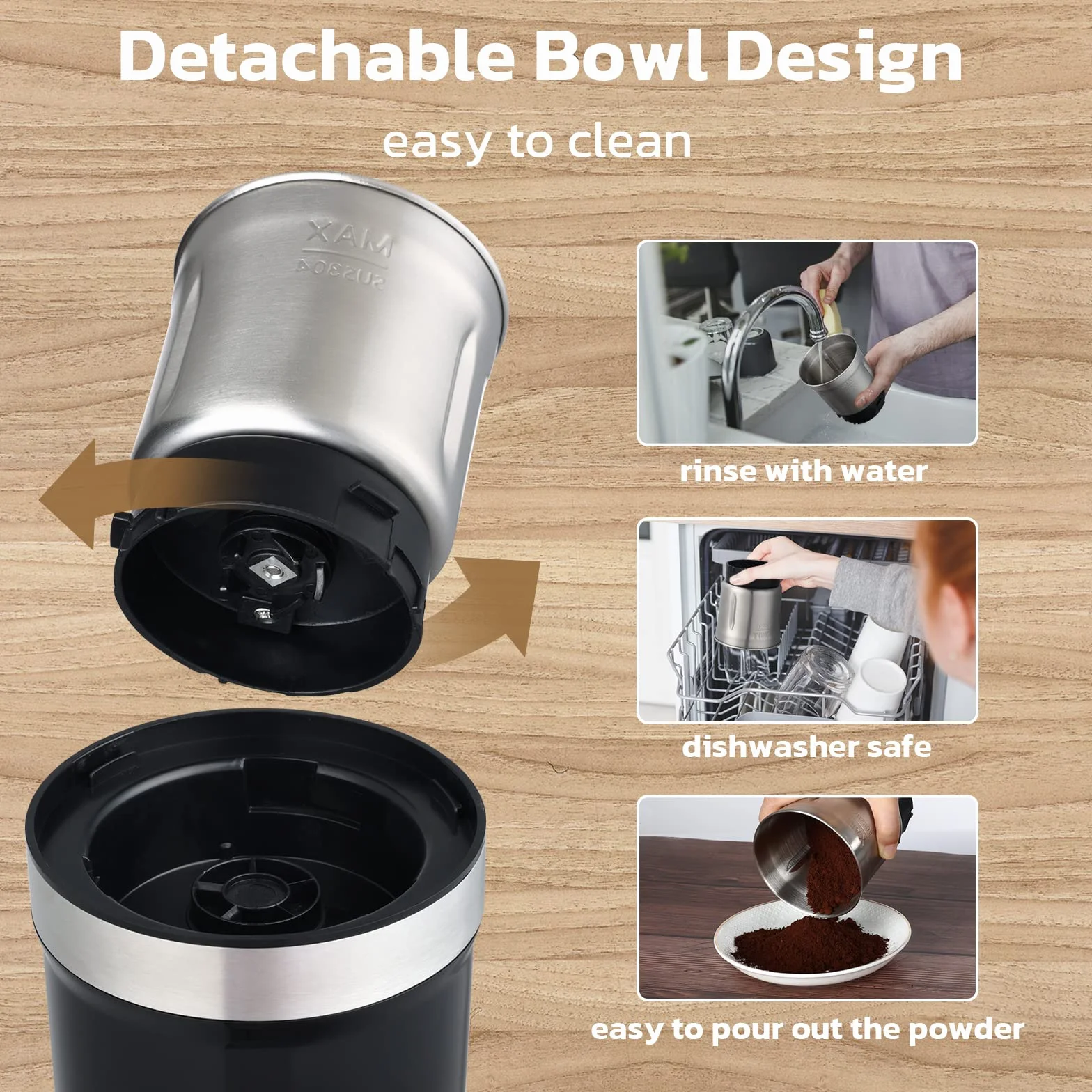 Moulin à Café Électrique KYG pour Graines, Poivre, Graines de Lin avec Bol Amovible, Moulin à Épices 300W, Tasse en Acier Inoxydable Lavable